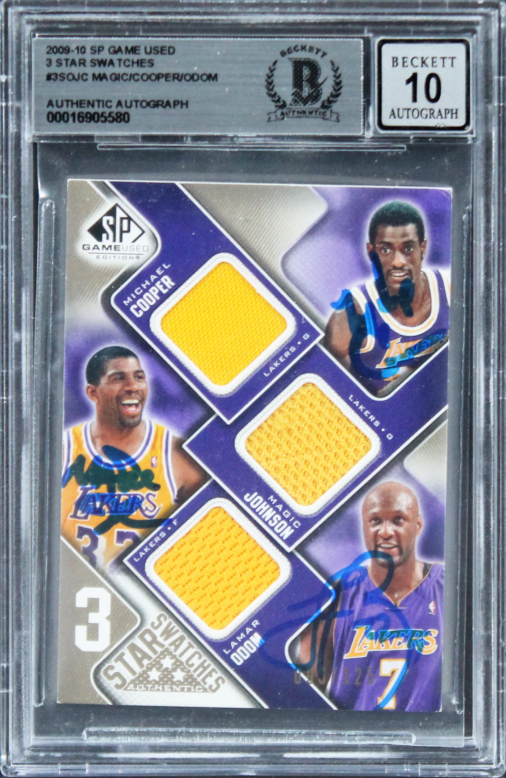 Lakers (3) Johnson, Cooper & Odom Signed 2009 SP GU #3SOJC Card Auto 10 BAS Slab - Image 2