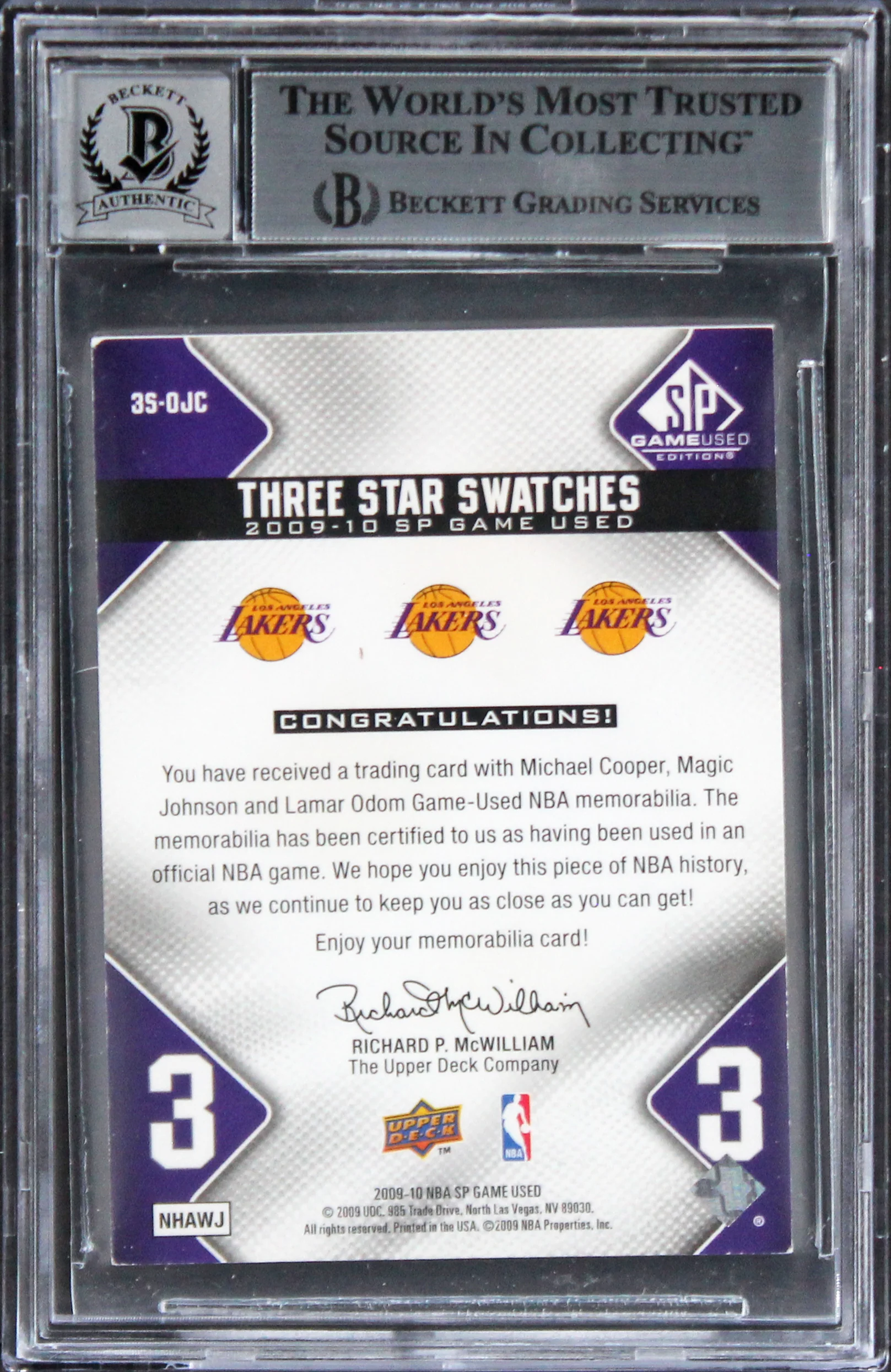 Lakers (3) Johnson, Cooper & Odom Signed 2009 SP GU #3SOJC Card Auto 10 BAS Slab - Image 3