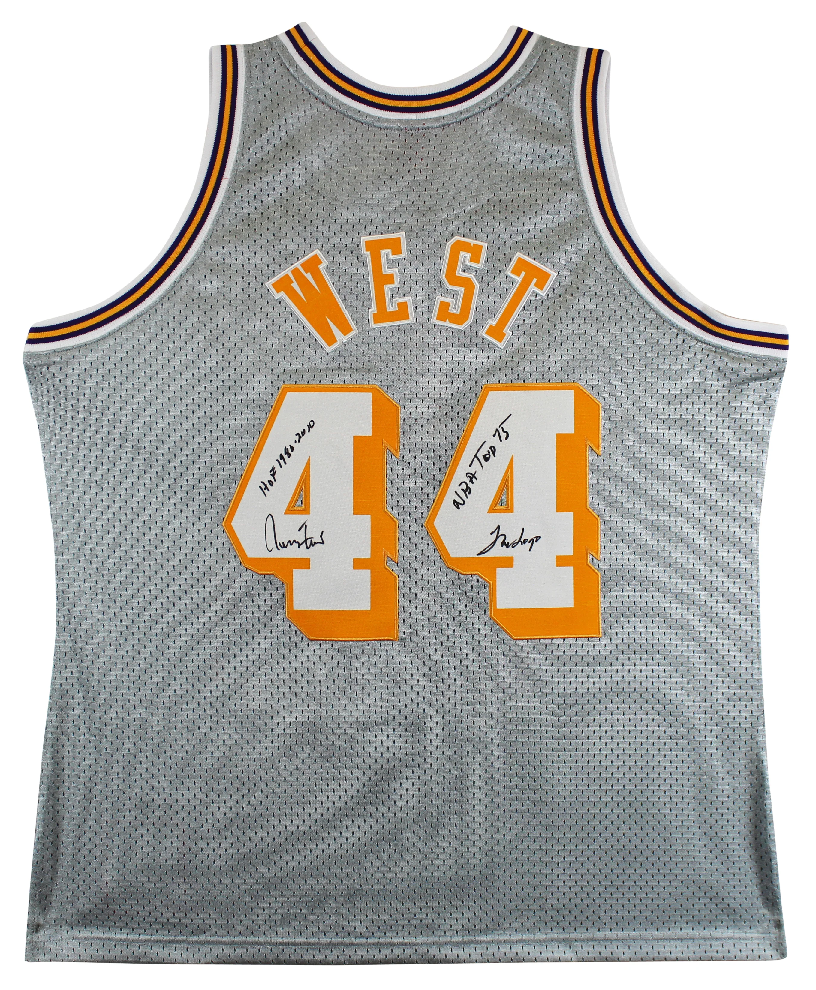 Lakers Jerry West "3x Insc" Signed Grey 75th Ann M&N HWC Swingman Jersey BAS Wit - Image 2