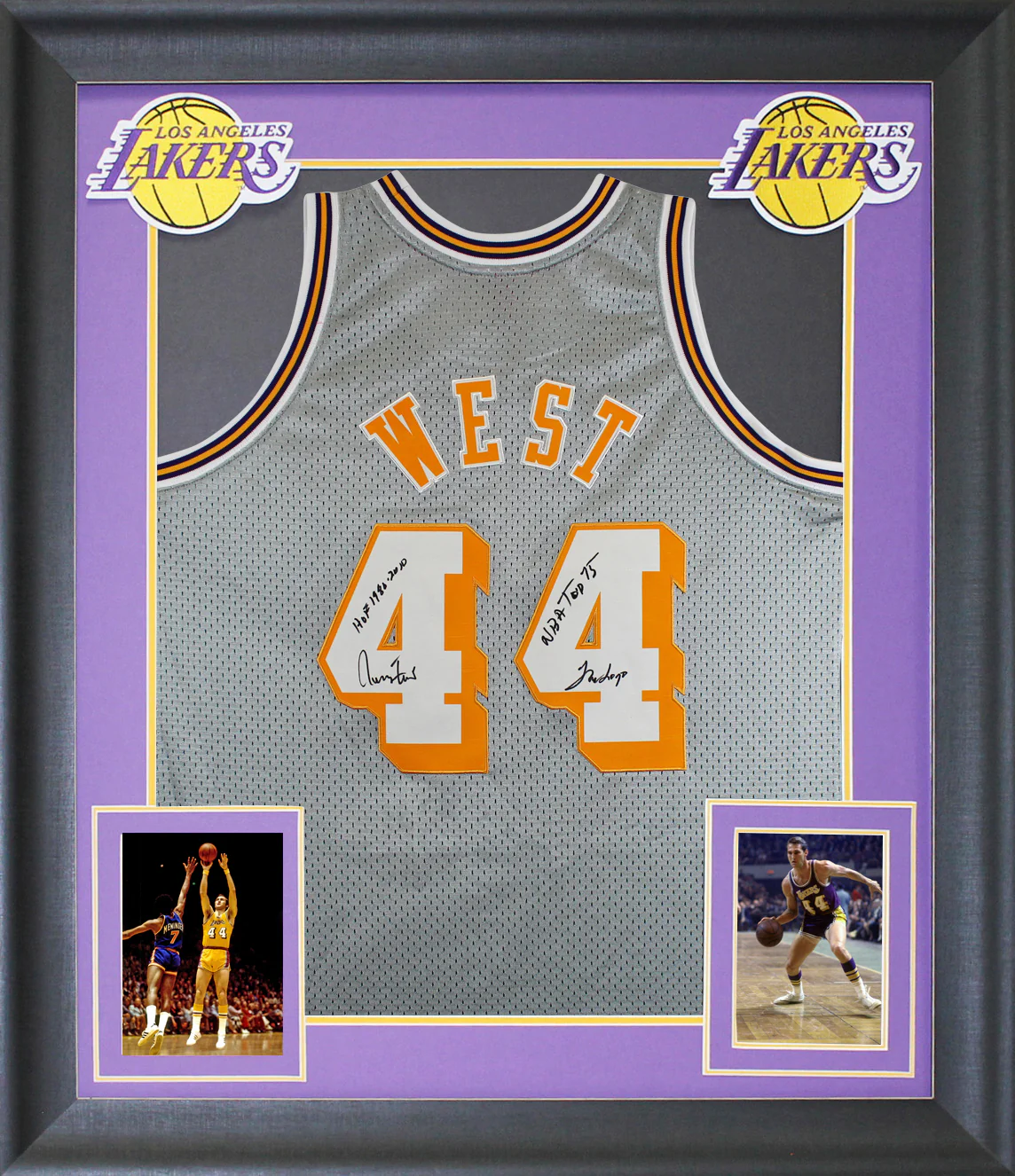 Lakers Jerry West "3x Insc" Signed Grey M&N HWC Swingman Framed Jersey BAS Wit - Image 2