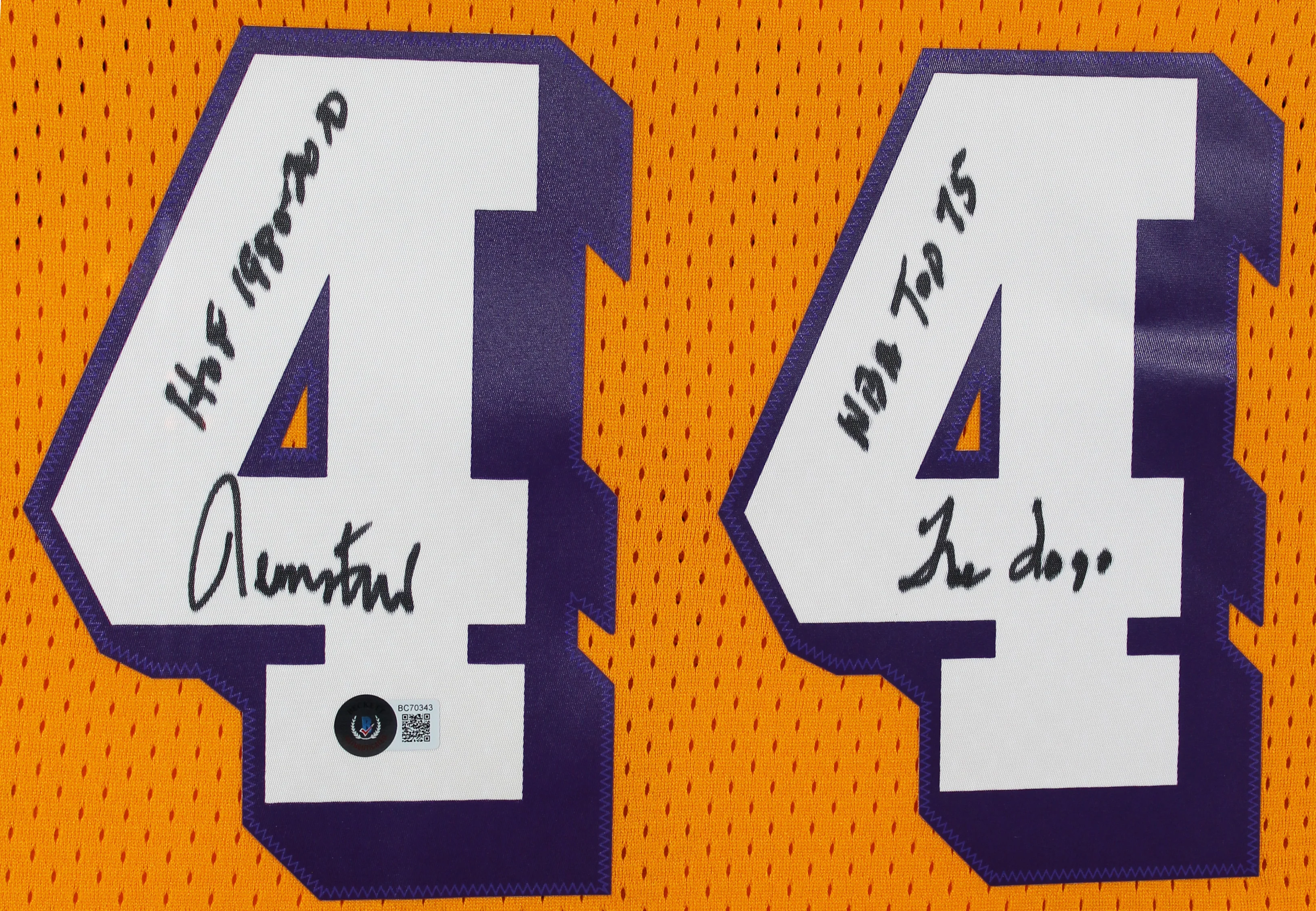 Lakers Jerry West "3x Insc" Signed Yellow M&N HWC Swingman Framed Jersey BAS - Image 3