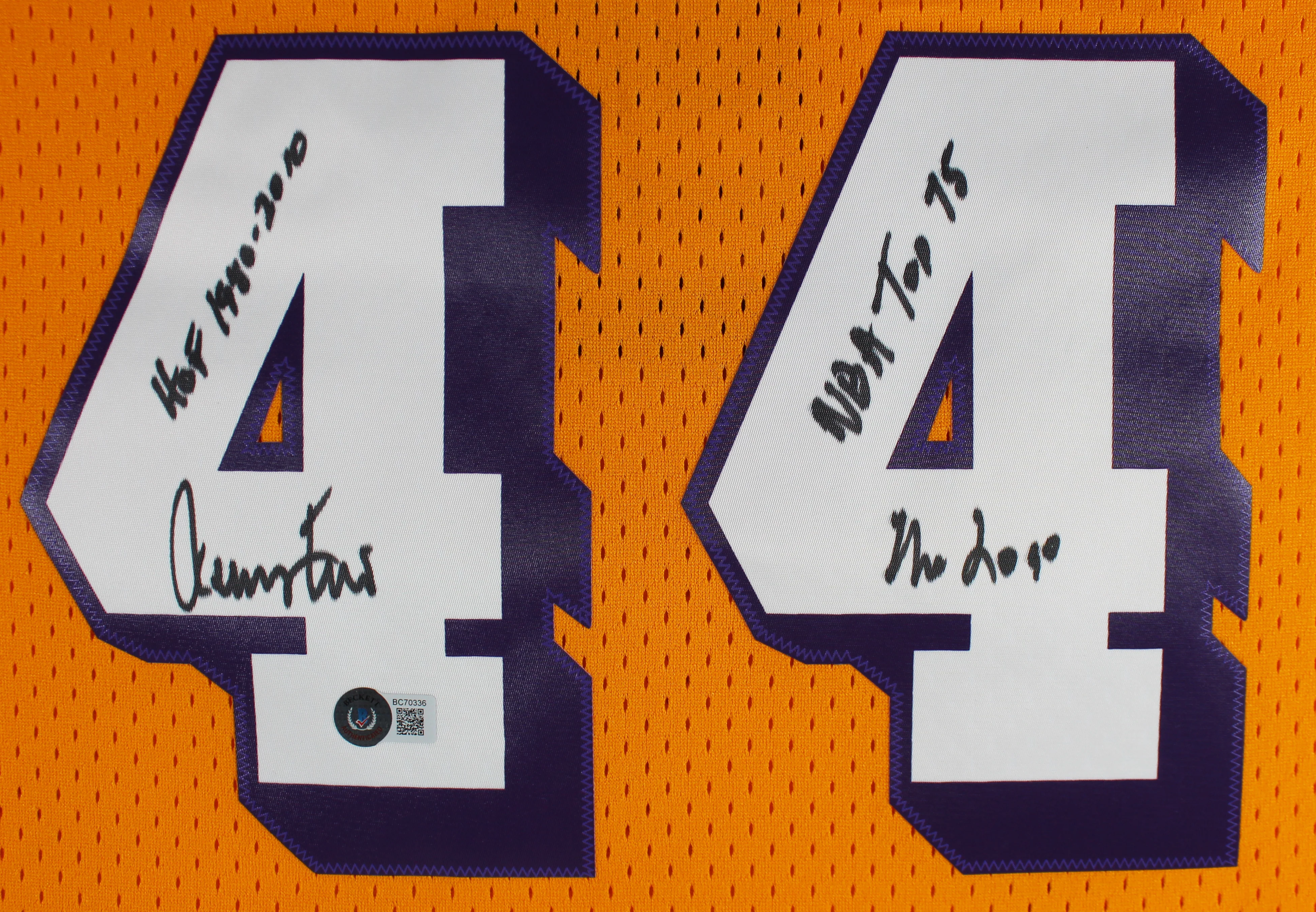 Lakers Jerry West "3x Inscribed" Signed Yellow M&N HWC Swingman Jersey BAS - Image 3