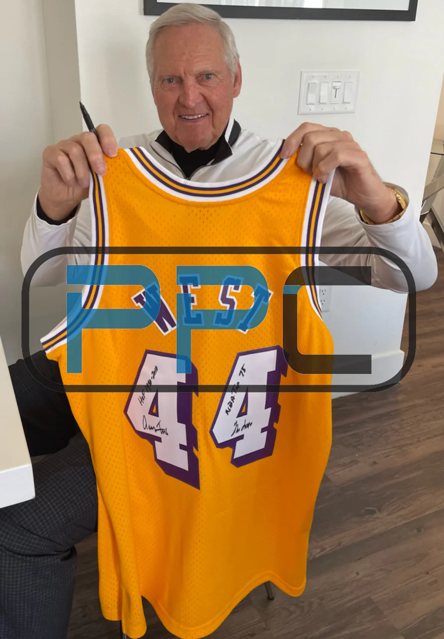 Lakers Jerry West "3x Inscribed" Signed Yellow M&N HWC Swingman Jersey BAS - Image 7