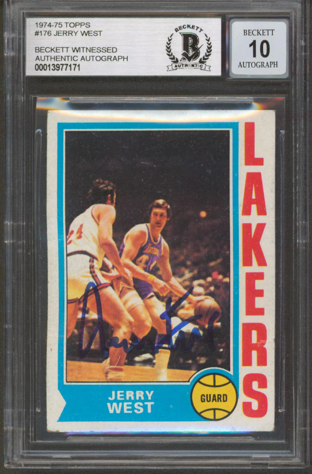 Lakers Jerry West Authentic Signed 1974 Topps #176 Card Auto 10! BAS Slabbed 2 - Image 2