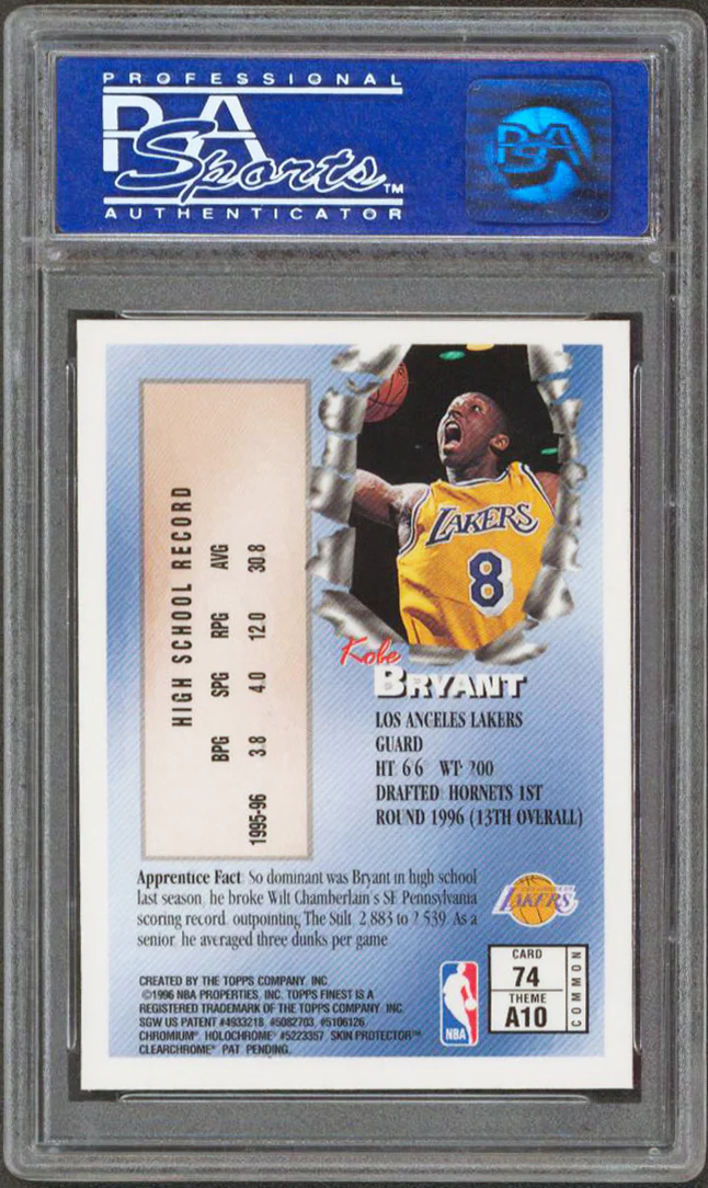Lakers Kobe Bryant 1996 Topps Finest #74 w/ Coating Rookie Card 10 PSA Slabbed - Image 3