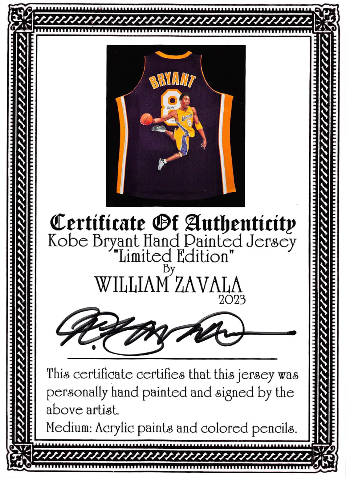 Lakers Kobe Bryant Signed William Zavala Hand Painted M&N Framed Jersey PSA - Image 5
