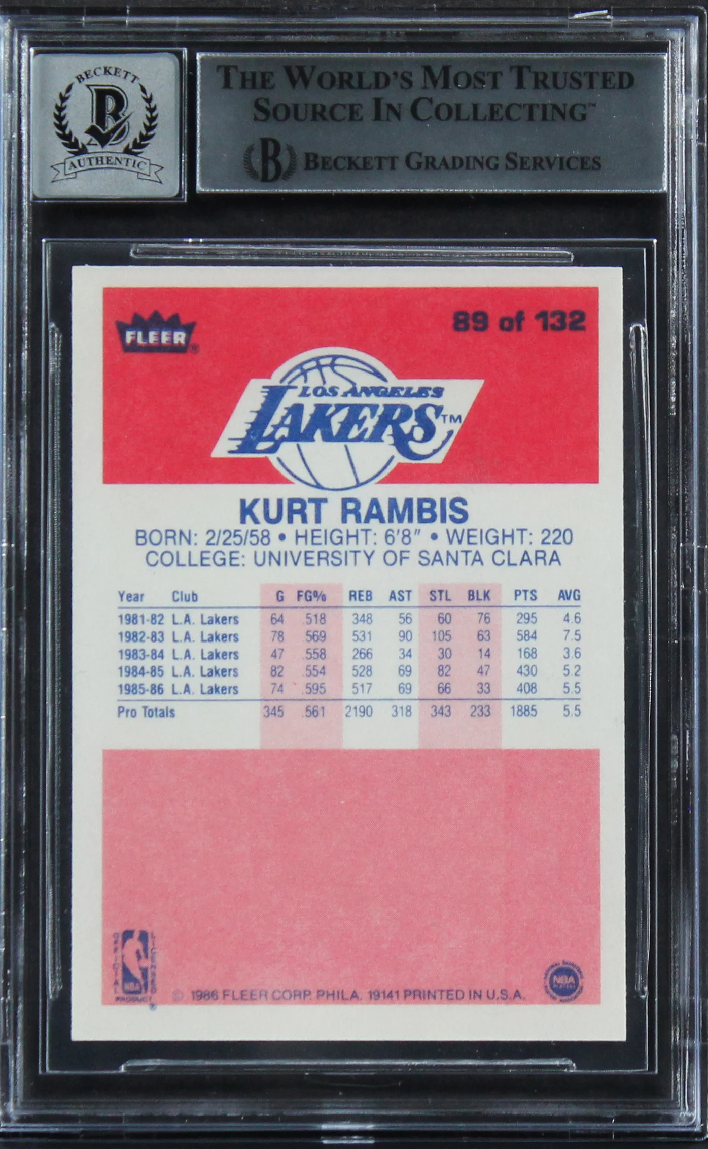 Lakers Kurt Rambis "2x Insc" Signed 1986 Fleer #89 Card Auto 10! BAS Slabbed - Image 3