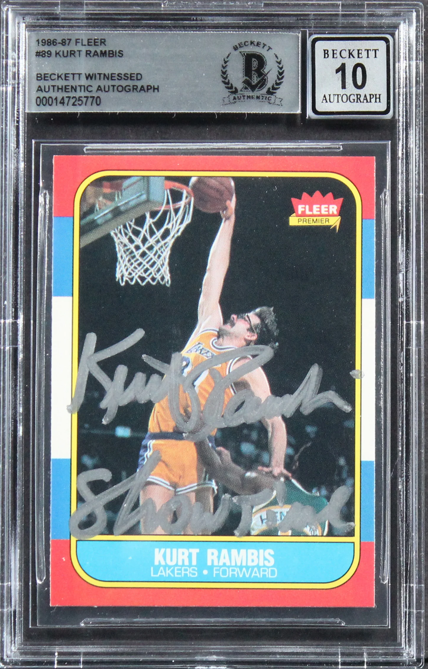 Lakers Kurt Rambis "Showtime" Signed 1986 Fleer #89 Card Auto 10! BAS Slabbed - Image 2