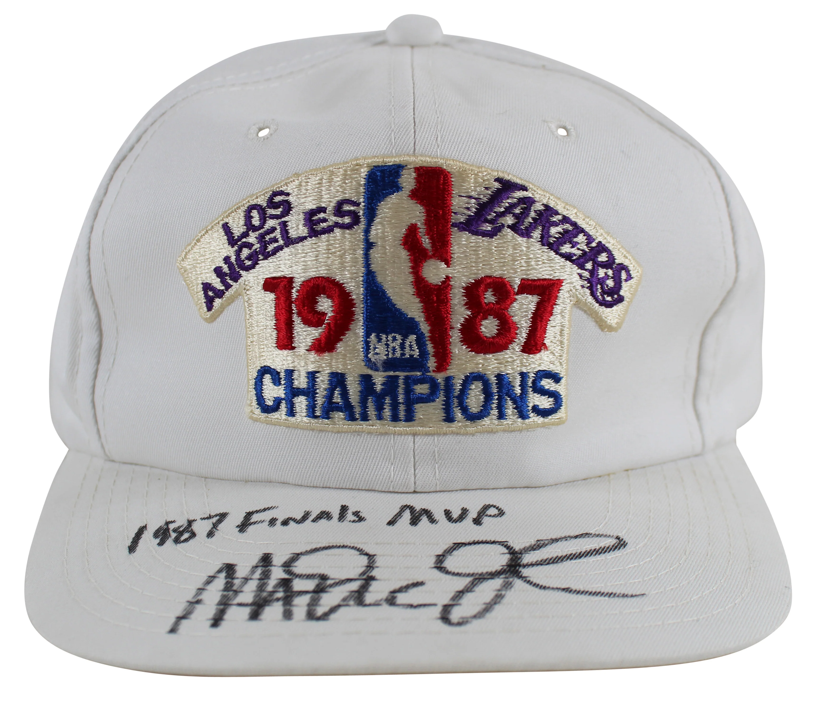 Lakers Magic Johnson "1987 Finals MVP" Signed 1987 World Champ White Hat BAS Wit - Image 2
