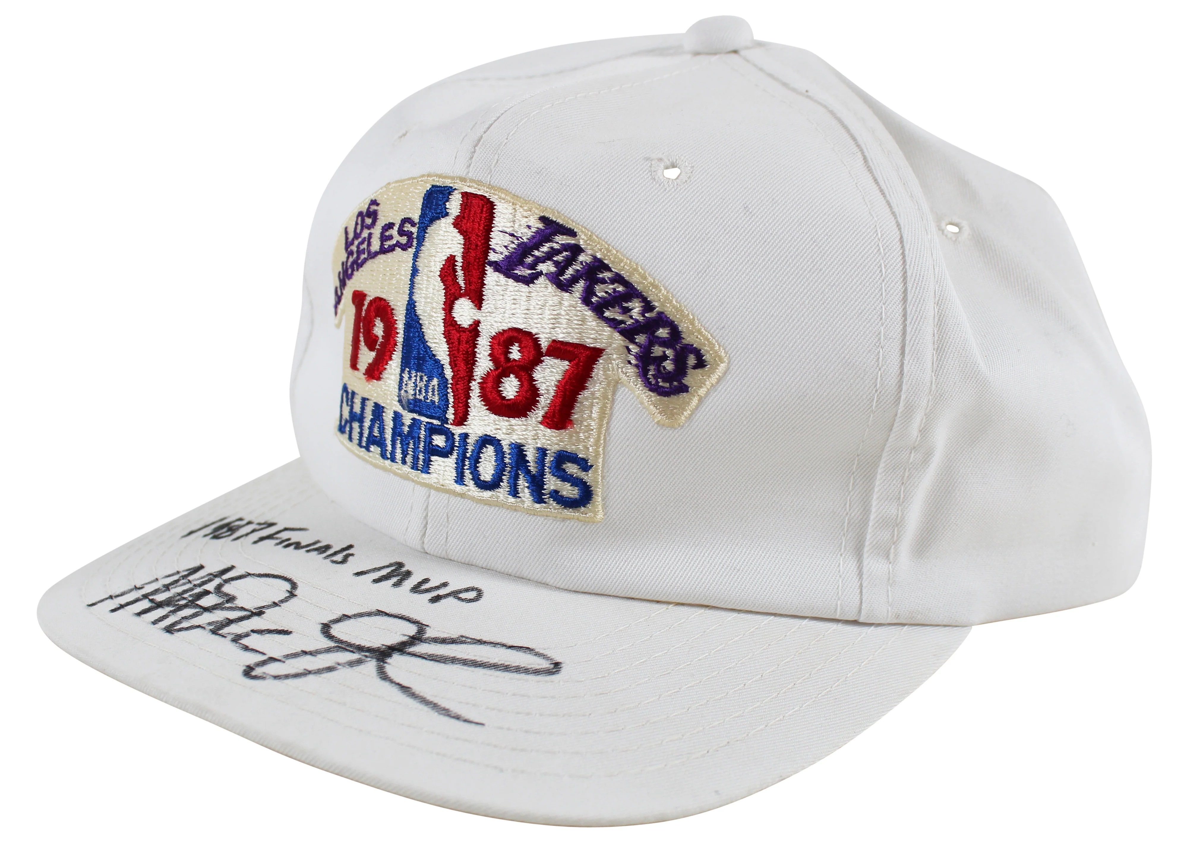 Lakers Magic Johnson "1987 Finals MVP" Signed 1987 World Champ White Hat BAS Wit - Image 3
