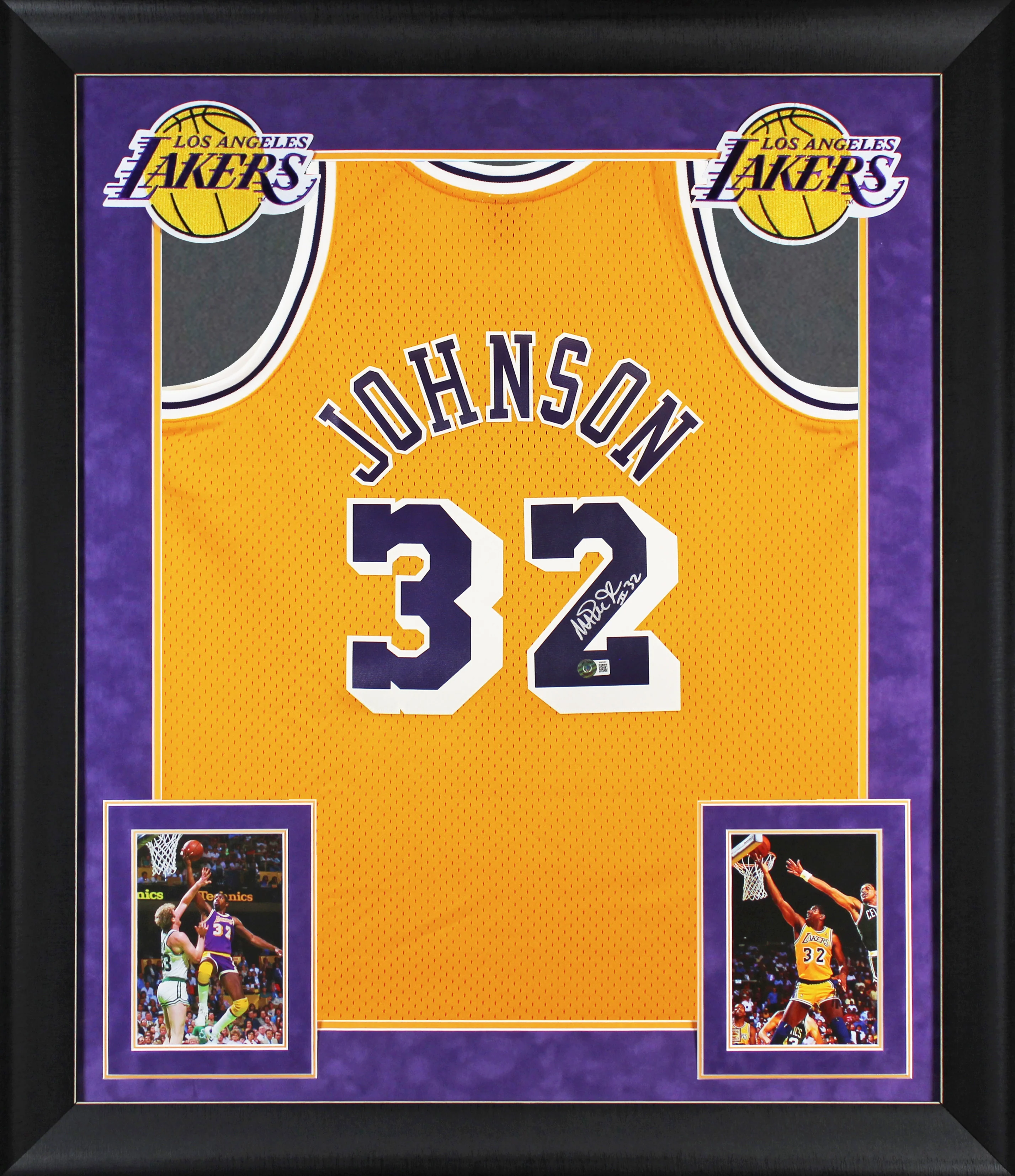 Lakers Magic Johnson "#32" Signed M&N HWC Swingman Yellow Framed Jersey BAS Wit - Image 2