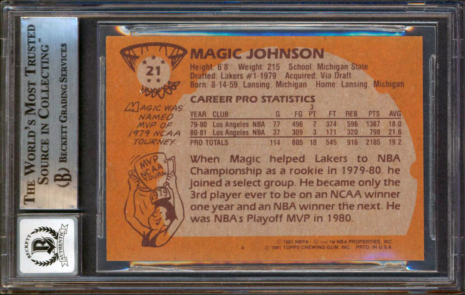 Lakers Magic Johnson Authentic Signed 1981 Topps #21 Card Auto 10! BAS Slabbed - Image 3