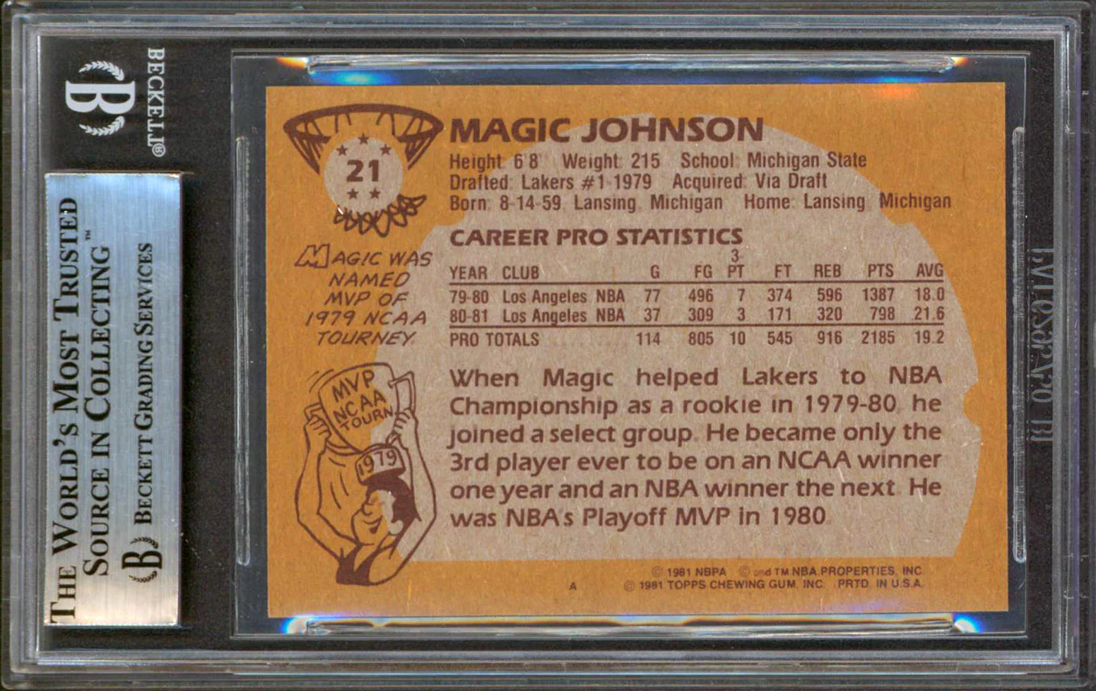 Lakers Magic Johnson Authentic Signed 1981 Topps #21 Card BAS Slabbed - Image 3