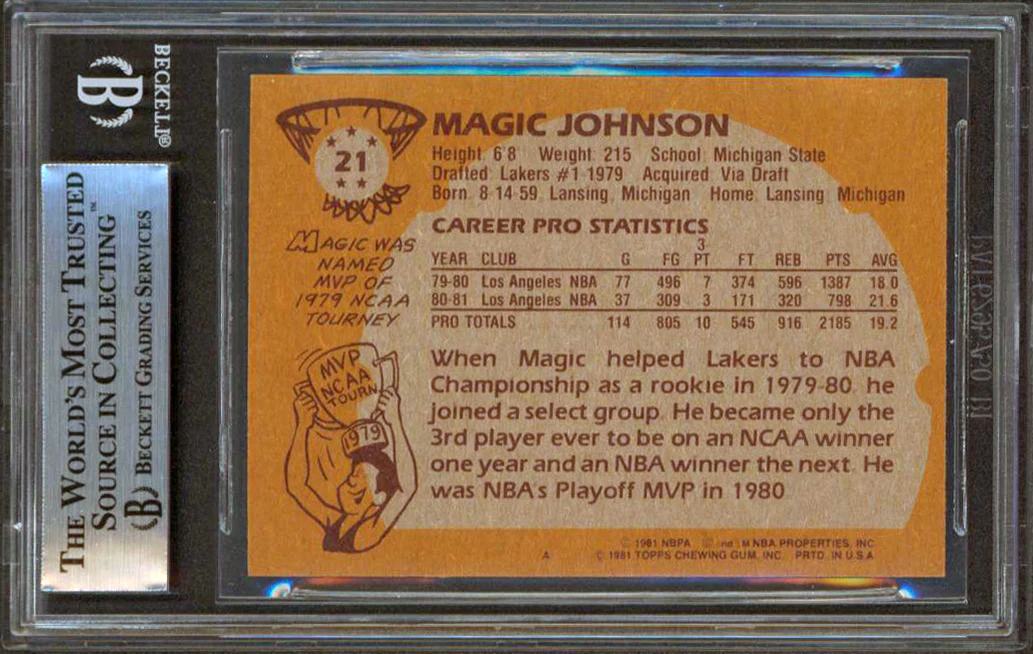 Lakers Magic Johnson Authentic Signed 1981 Topps #21 Card BAS Slabbed #12847456 - Image 3
