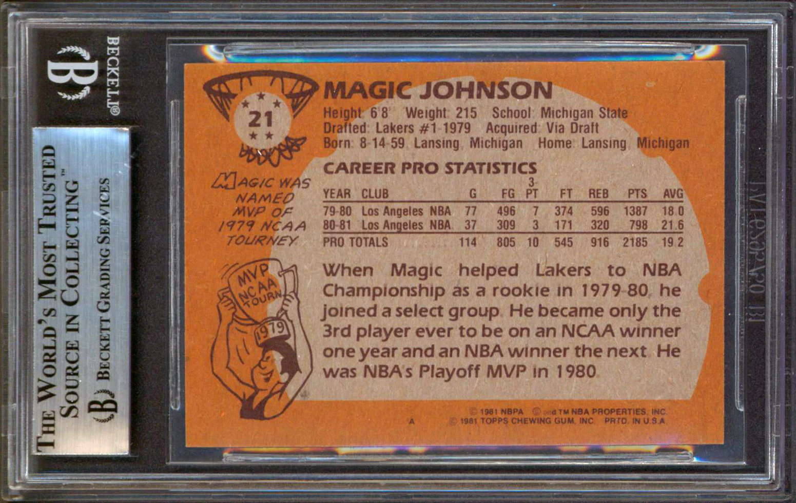 Lakers Magic Johnson Authentic Signed 1981 Topps #21 Card BAS Slabbed - Image 3