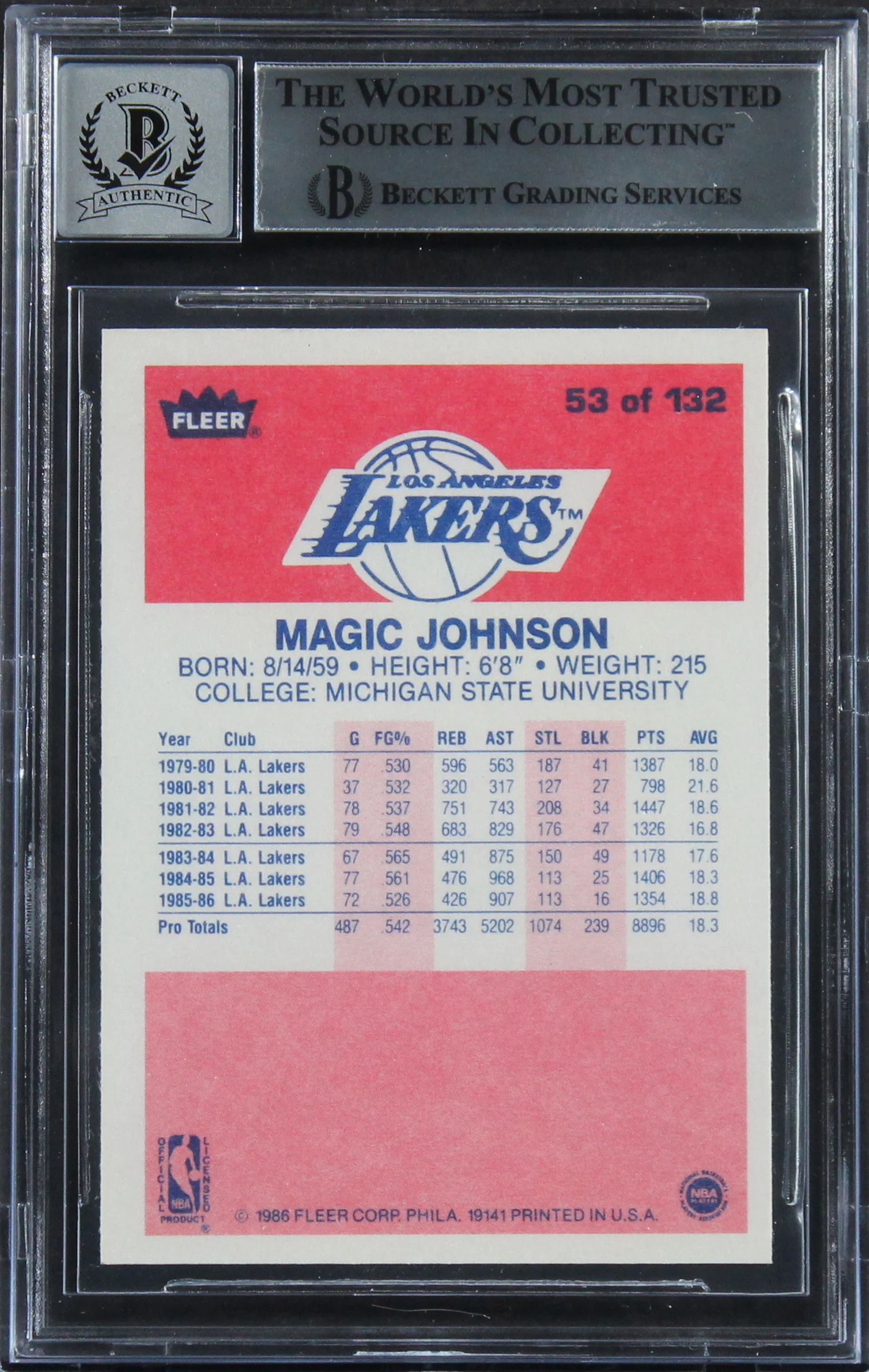 Lakers Magic Johnson Authentic Signed 1986 Fleer #53 Card Auto 10! BAS Slabbed - Image 3