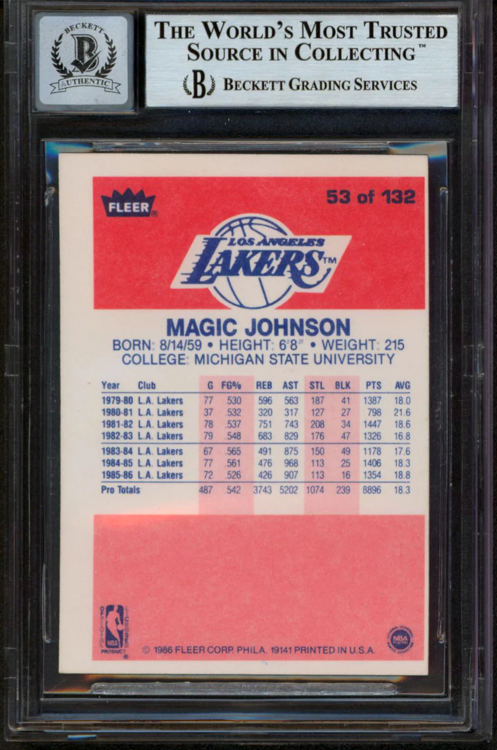Lakers Magic Johnson Authentic Signed 1986 Fleer #53 Card Auto 10! BAS Slabbed - Image 3