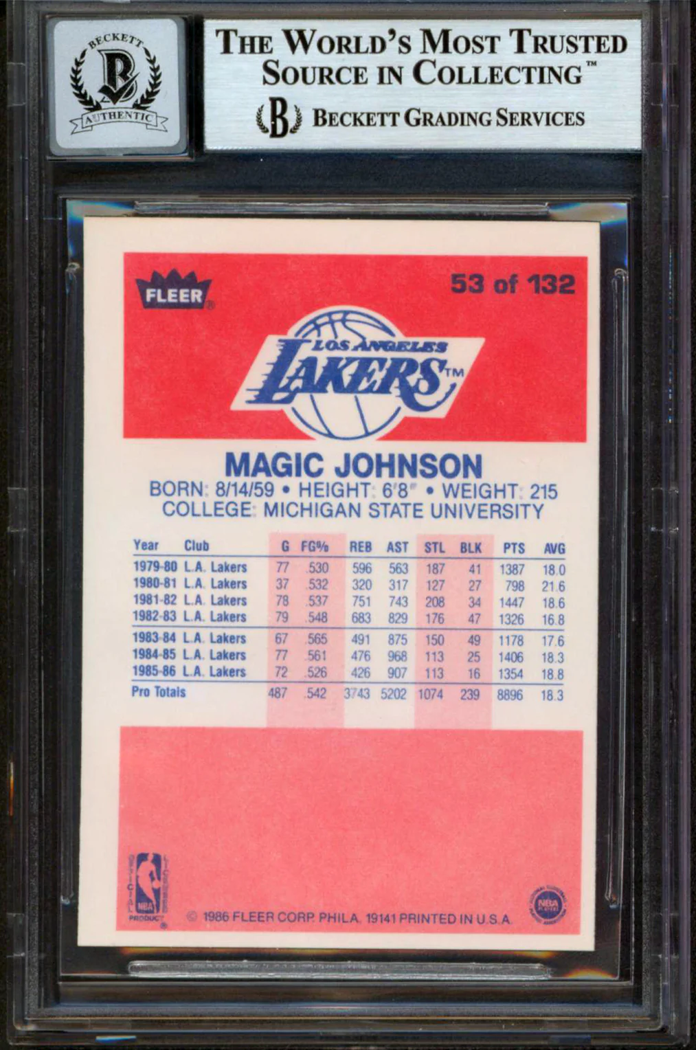 Lakers Magic Johnson Authentic Signed 1986 Fleer #53 Card Auto 10! BAS Slabbed - Image 3