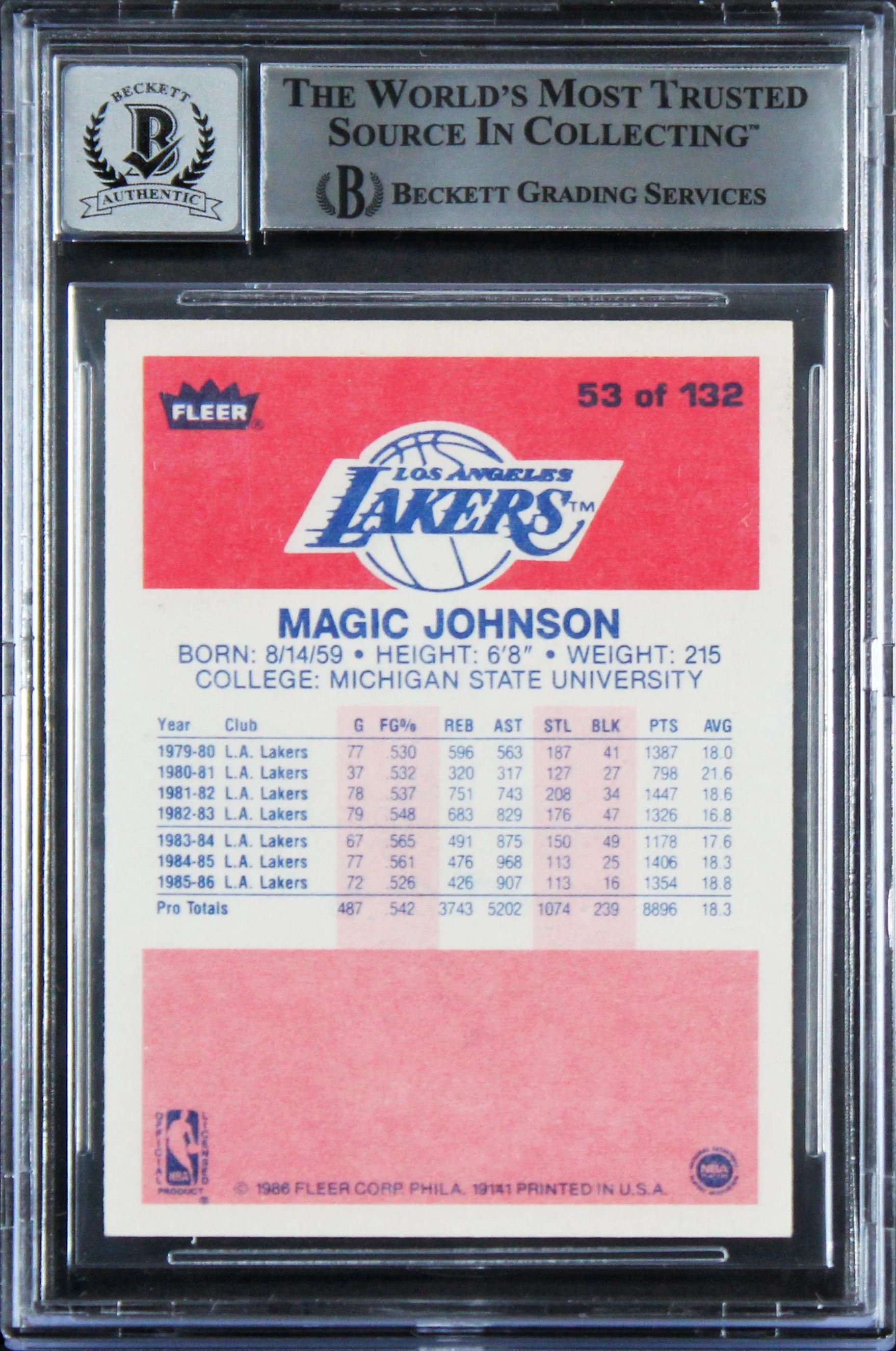 Lakers Magic Johnson Authentic Signed 1986 Fleer #53 Card Auto 10! BAS Slabbed 4 - Image 3