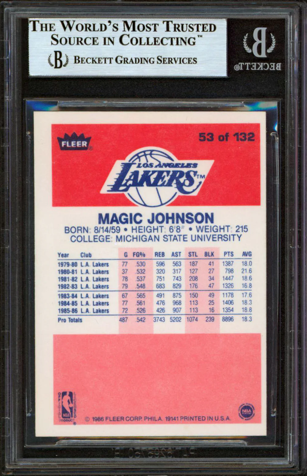 Lakers Magic Johnson Authentic Signed 1986 Fleer #53 Card BAS Slabbed - Image 3