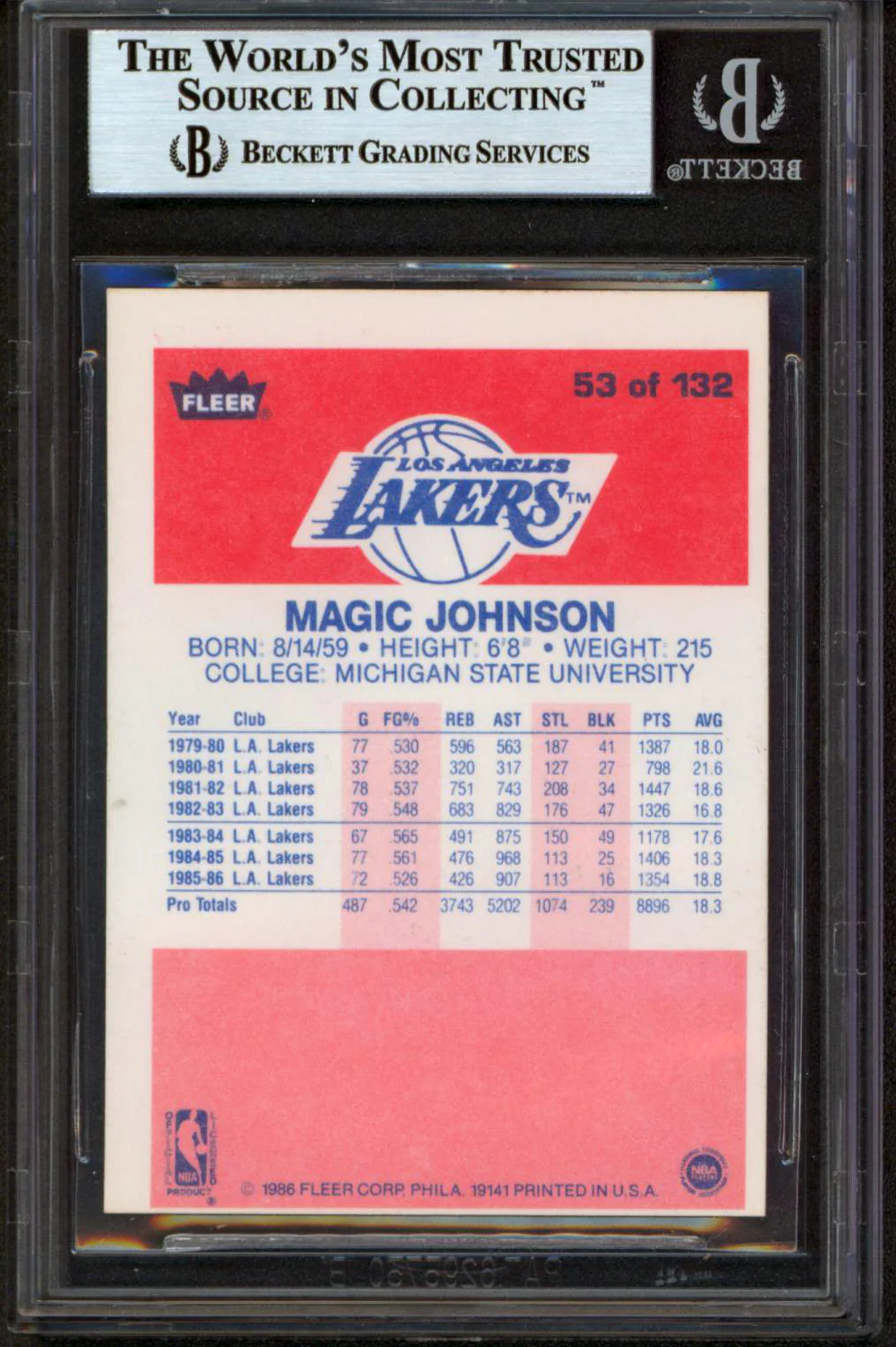 Lakers Magic Johnson Authentic Signed 1986 Fleer #53 Card BAS Slabbed - Image 3