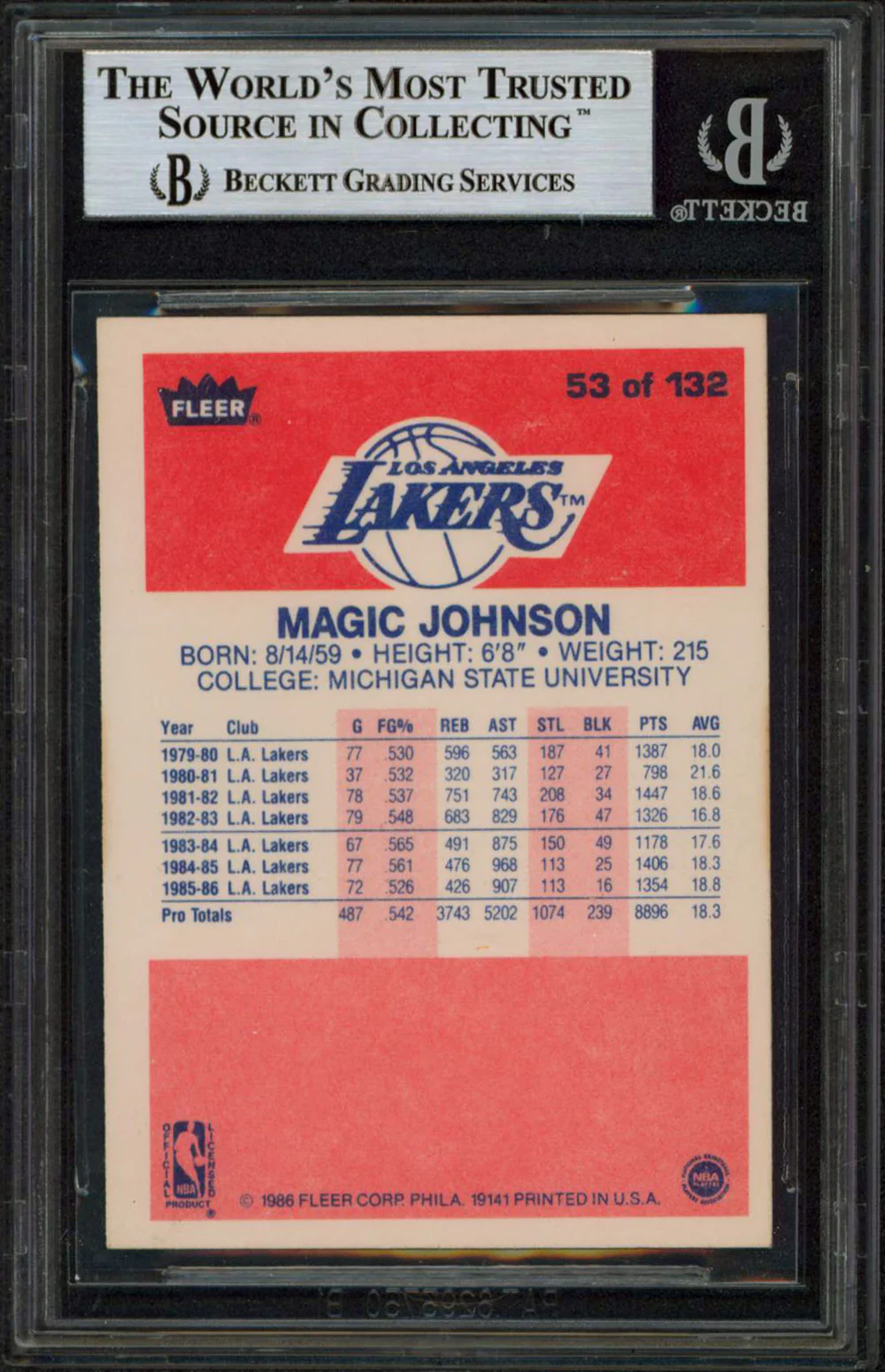 Lakers Magic Johnson Authentic Signed 1986 Fleer #53 Card BAS Slabbed - Image 3
