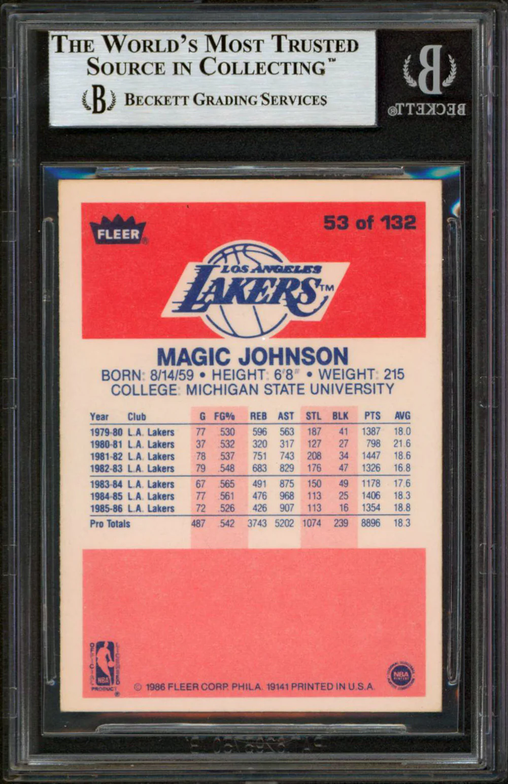 Lakers Magic Johnson Authentic Signed 1986 Fleer #53 Card BAS Slabbed - Image 3
