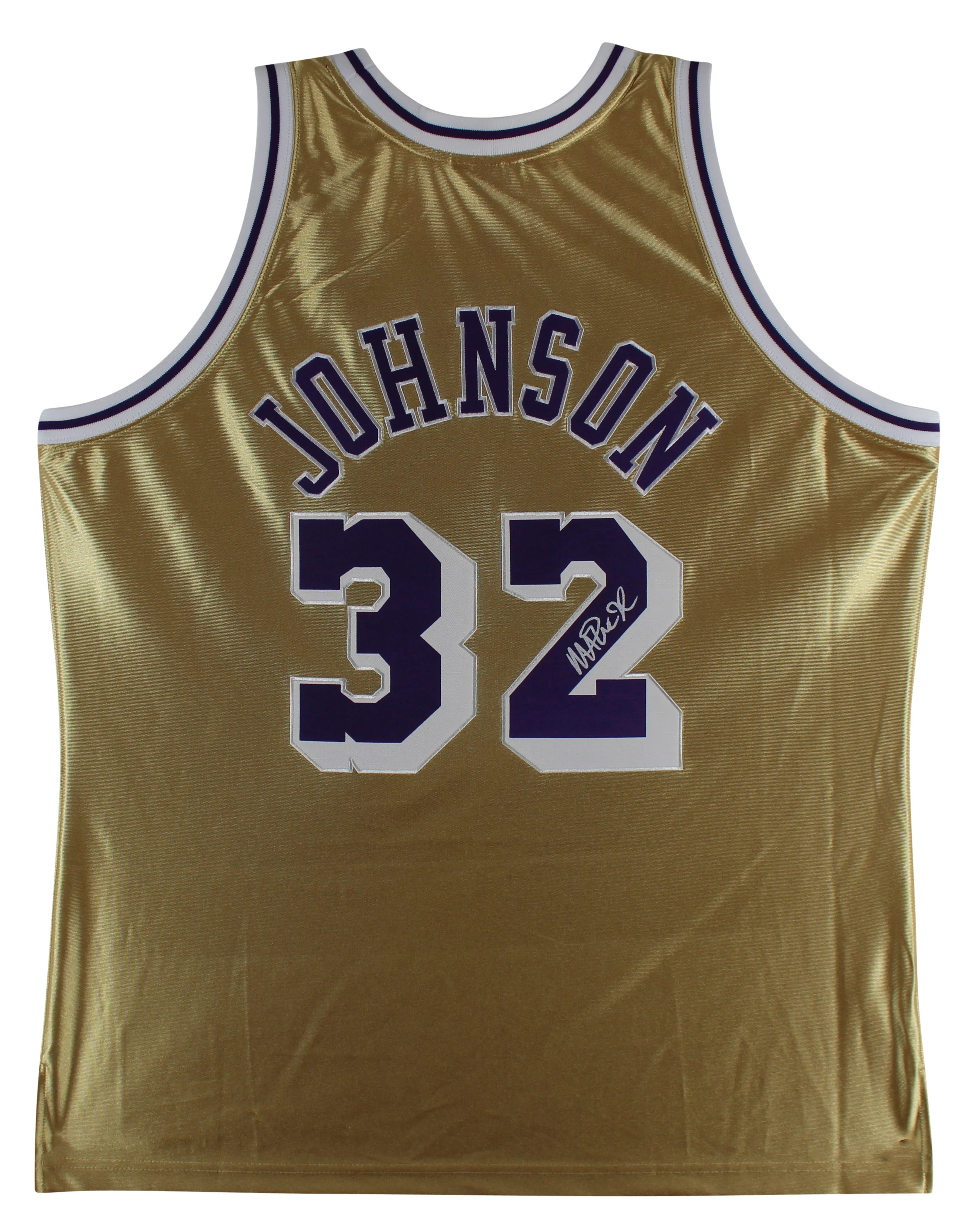 Lakers Magic Johnson Authentic Signed Gold M&N 75th Anniversary Jersey BAS Wit - Image 2