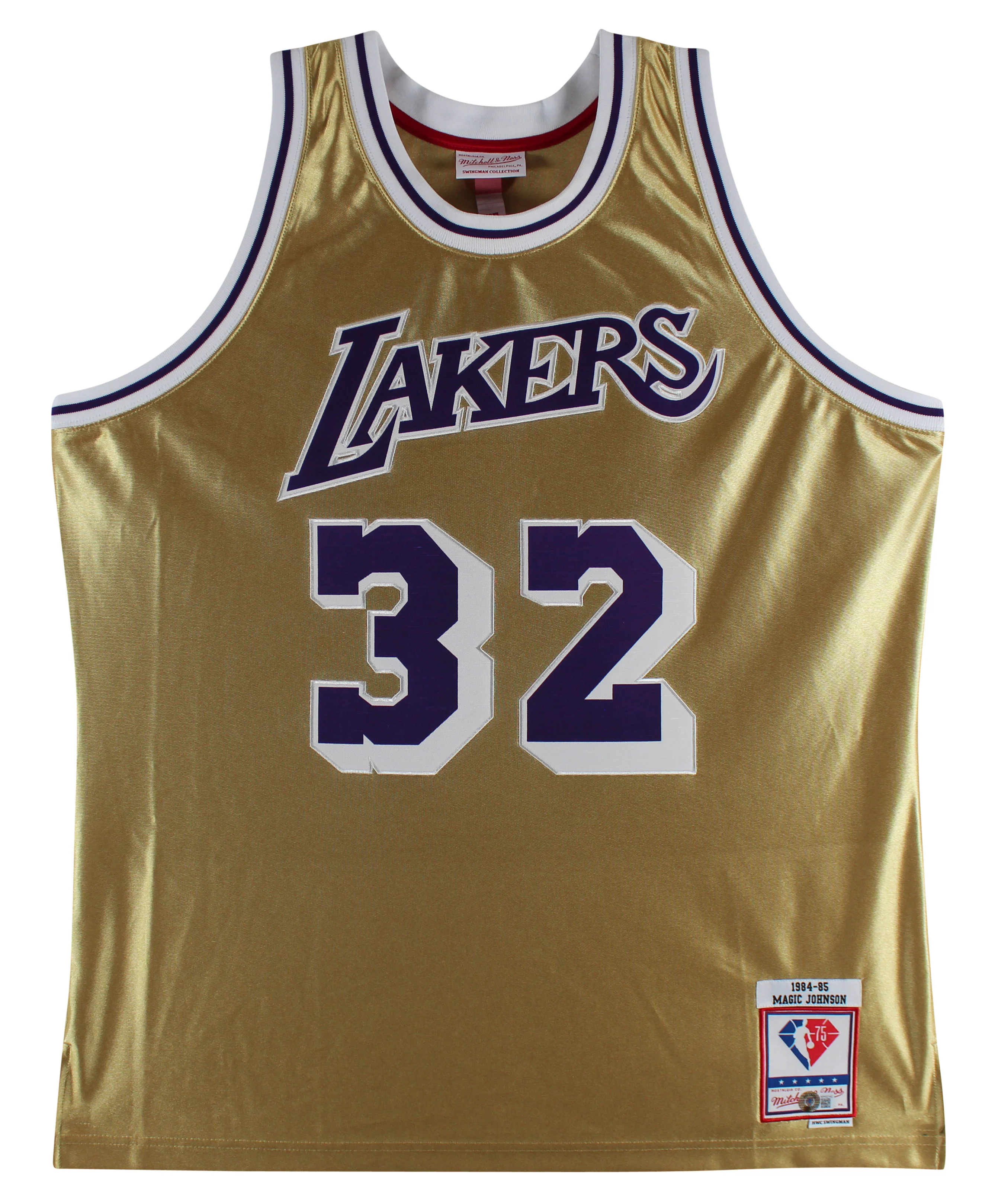 Lakers Magic Johnson Authentic Signed Gold M&N 75th Anniversary Jersey BAS Wit - Image 4