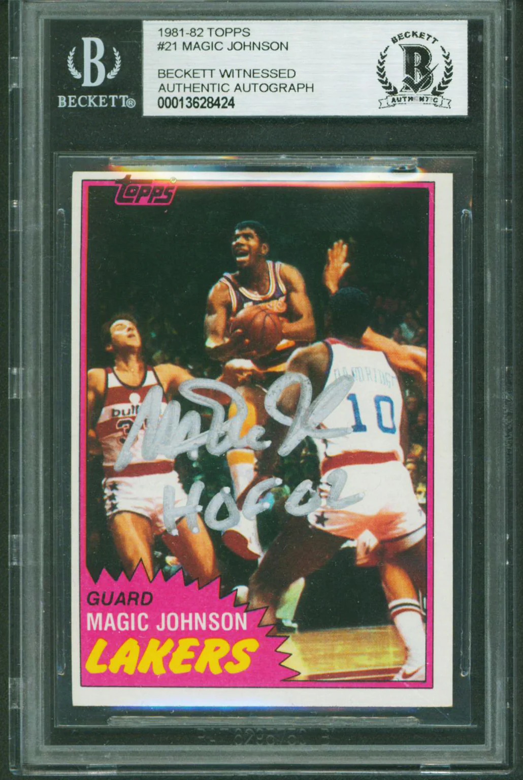 Lakers Magic Johnson "HOF 02" Authentic Signed 1981 Topps #21 Card BAS Slabbed 1 - Image 2