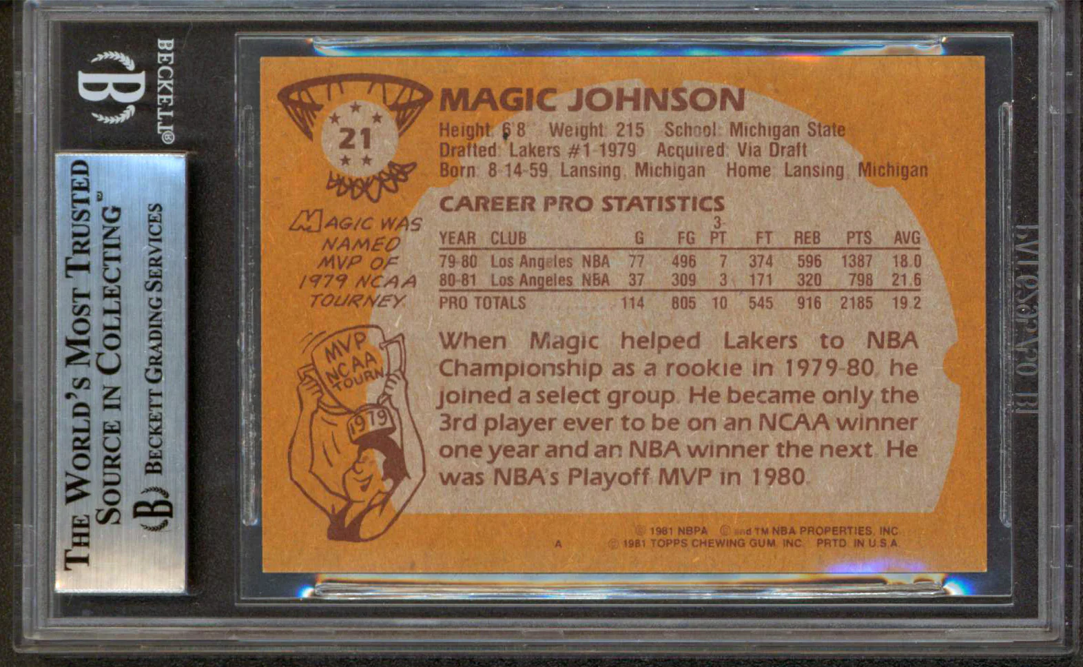 Lakers Magic Johnson "HOF 02" Authentic Signed 1981 Topps #21 Card BAS Slabbed 1 - Image 3
