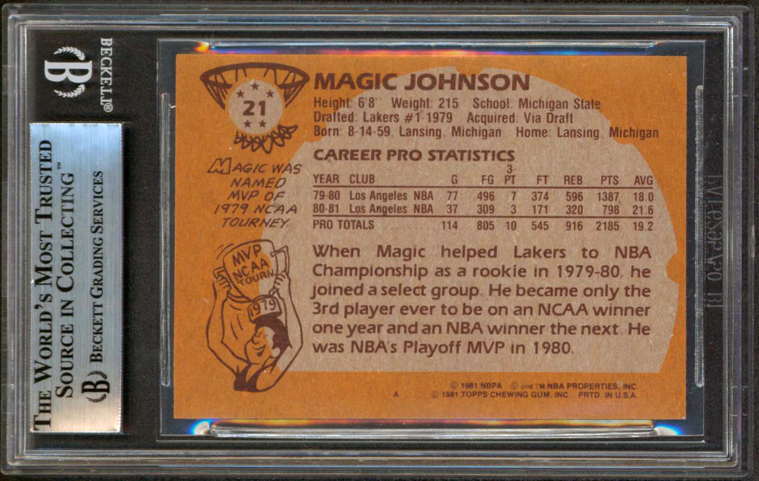 Lakers Magic Johnson HOF 02 Authentic Signed 1981 Topps #21 Card BAS Slabbed 3 - Image 3