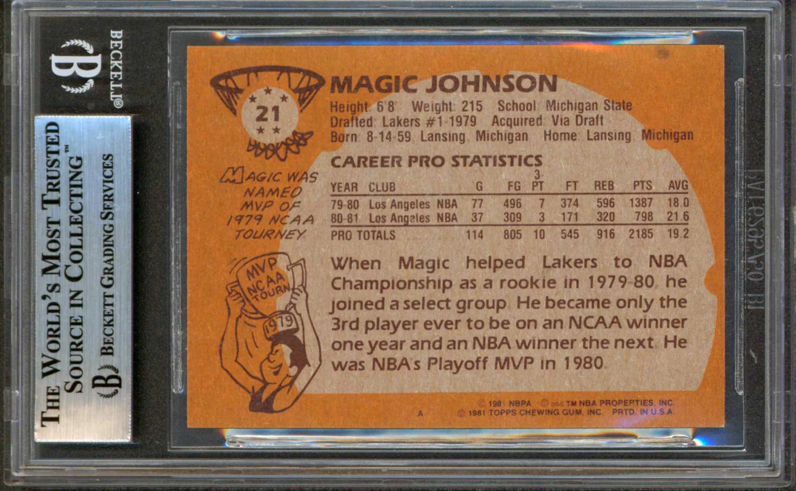 Lakers Magic Johnson "HOF 02" Authentic Signed 1981 Topps #21 Card BAS Slabbed 4 - Image 3