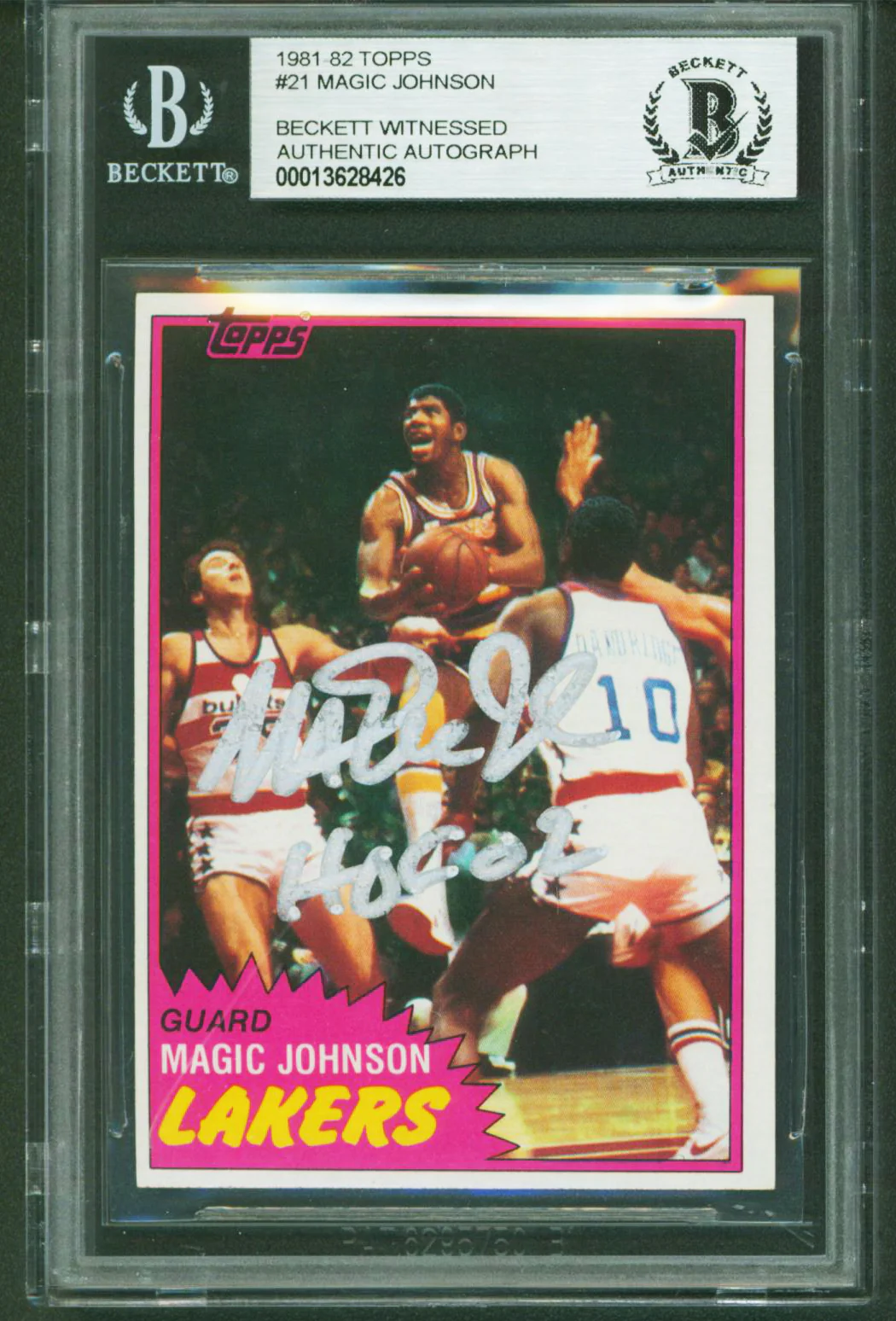 Lakers Magic Johnson "HOF 02" Authentic Signed 1981 Topps #21 Card BAS Slabbed 3 - Image 2