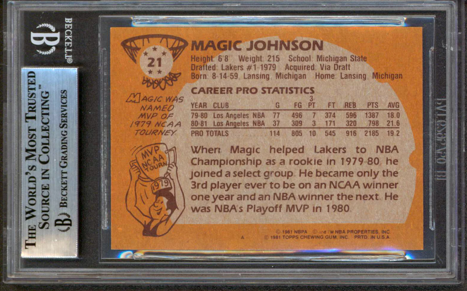 Lakers Magic Johnson "HOF 02" Authentic Signed 1981 Topps #21 Card BAS Slabbed 3 - Image 3