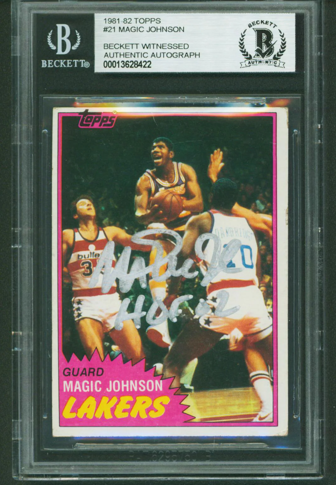 Lakers Magic Johnson "HOF 02" Authentic Signed 1981 Topps #21 Card BAS Slabbed 6 - Image 2