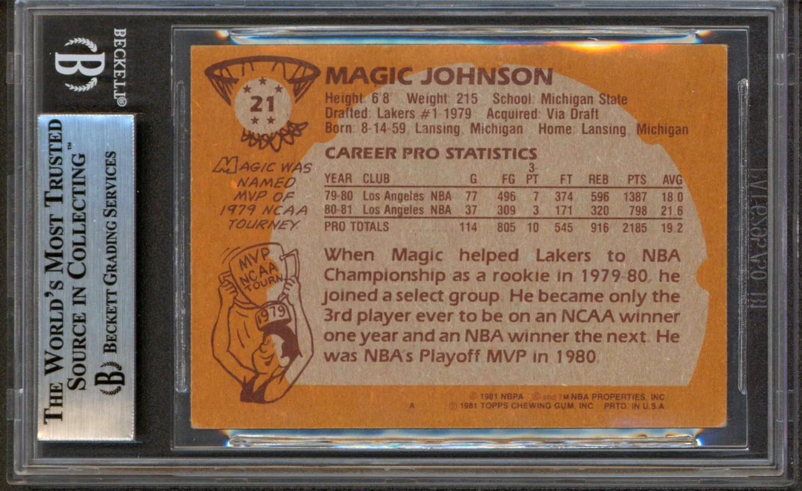 Lakers Magic Johnson "HOF 02" Authentic Signed 1981 Topps #21 Card BAS Slabbed 6 - Image 3