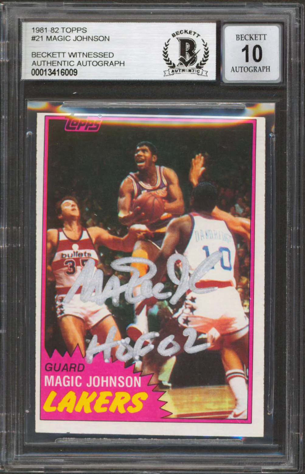 Lakers Magic Johnson "HOF 02" Signed 1981 Topps #21 Card Auto 10! BAS Slabbed 1 - Image 2
