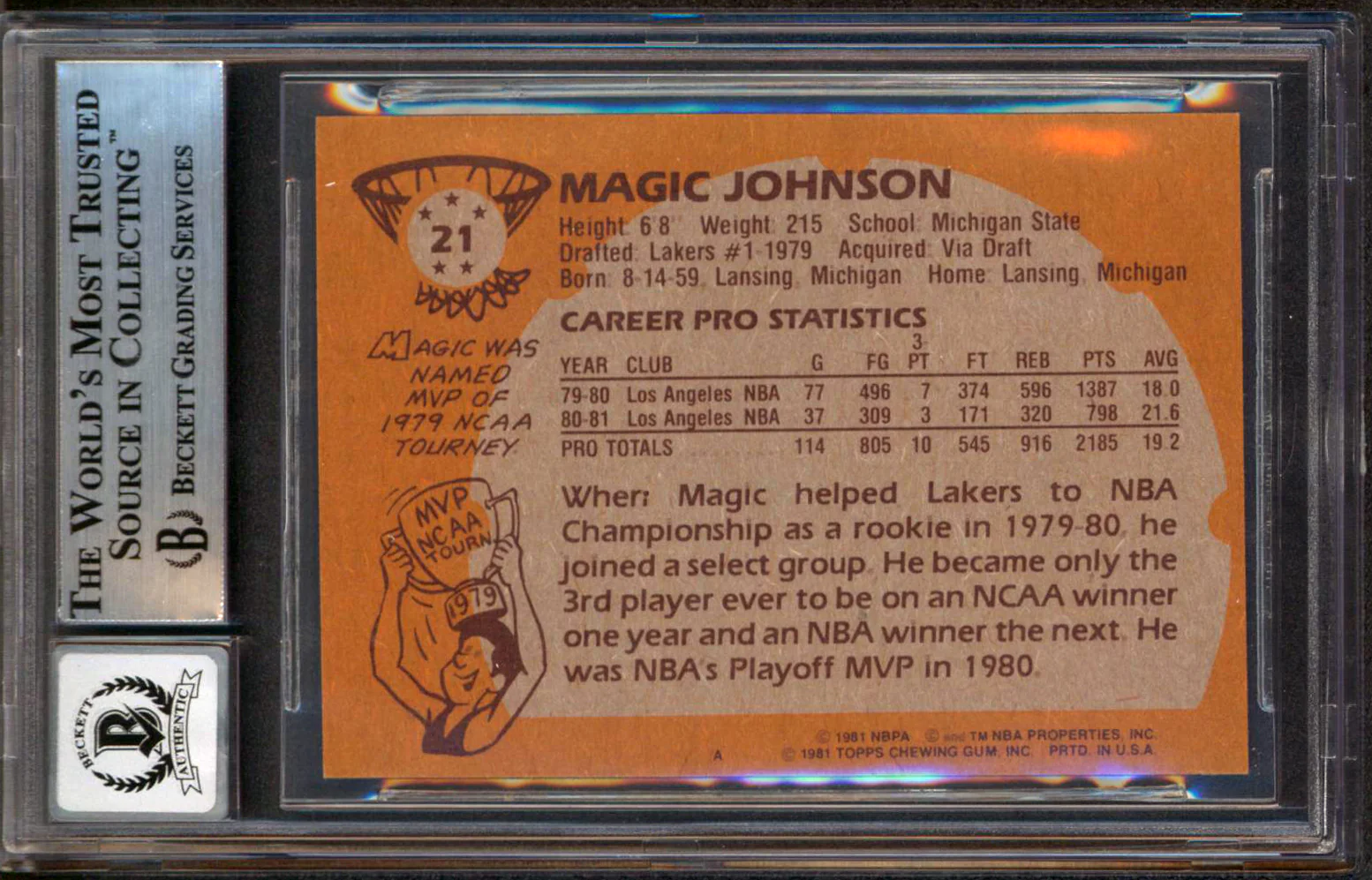 Lakers Magic Johnson "HOF 02" Signed 1981 Topps #21 Card Auto 10! BAS Slabbed 2 - Image 3