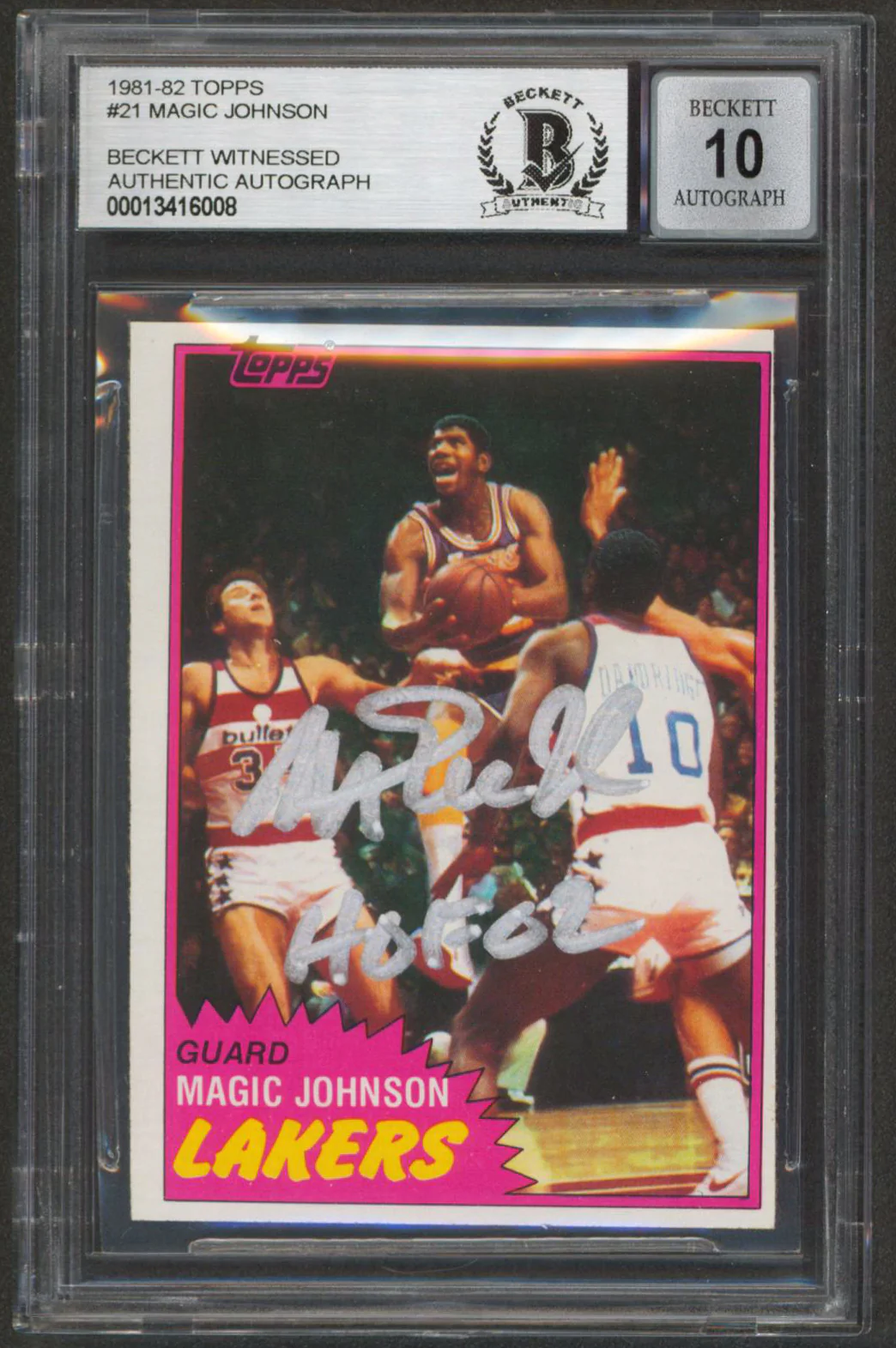 Lakers Magic Johnson "HOF 02" Signed 1981 Topps #21 Card Auto 10! BAS Slabbed 4 - Image 2