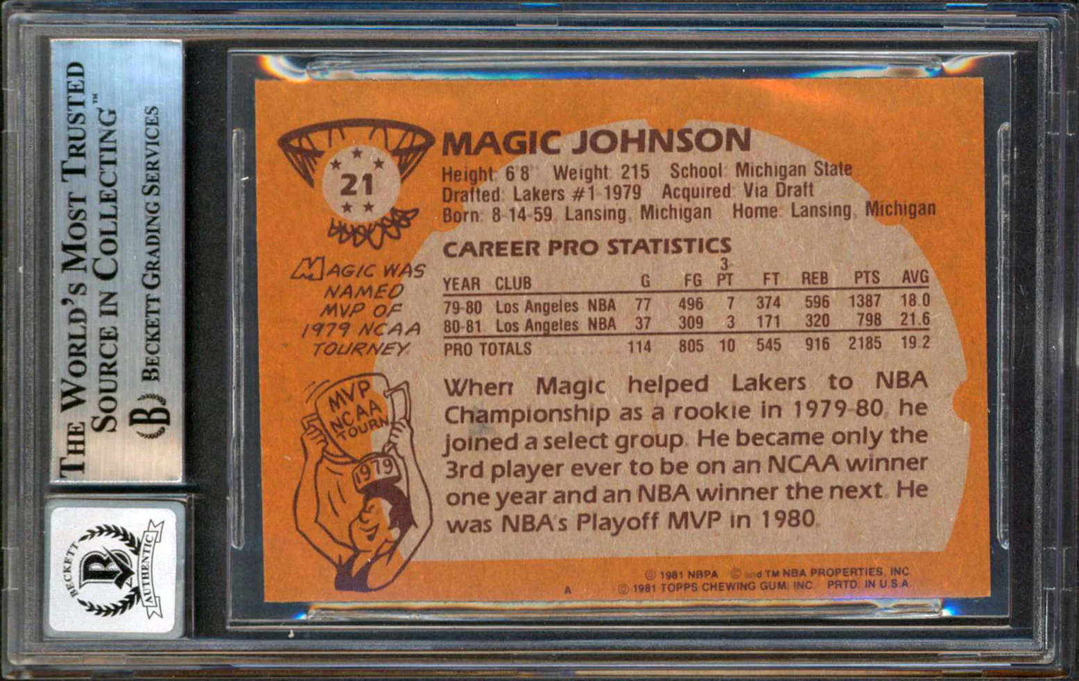 Lakers Magic Johnson "HOF 02" Signed 1981 Topps #21 Card Auto 10! BAS Slabbed 4 - Image 3