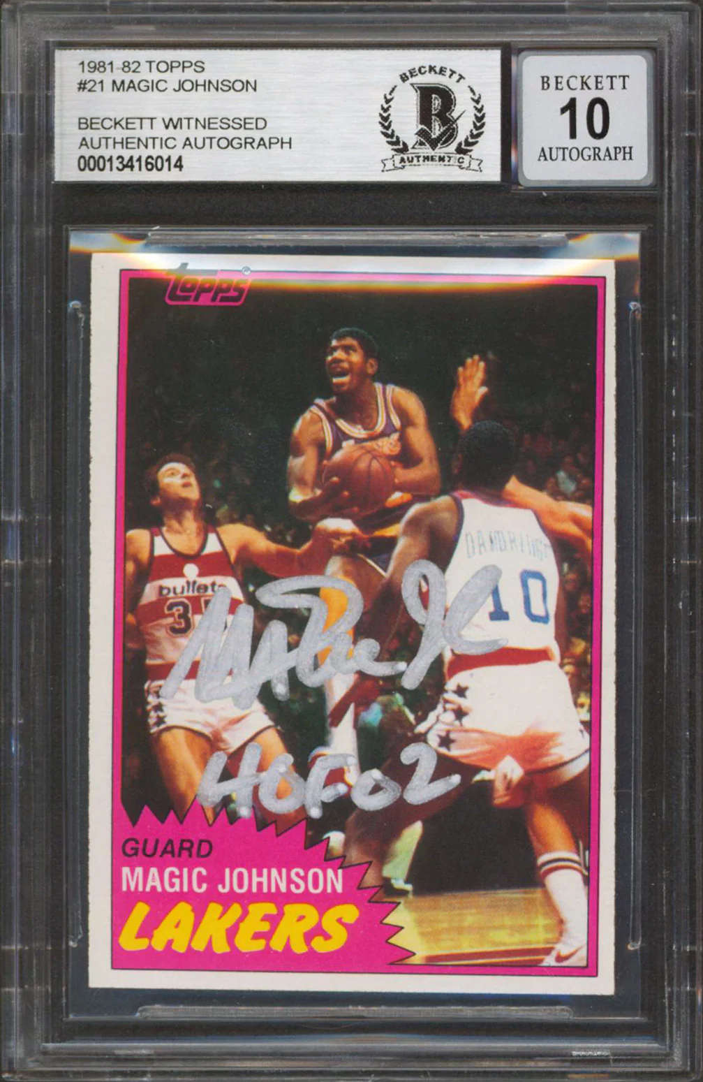Lakers Magic Johnson "HOF 02" Signed 1981 Topps #21 Card Auto 10! BAS Slabbed 5 - Image 2