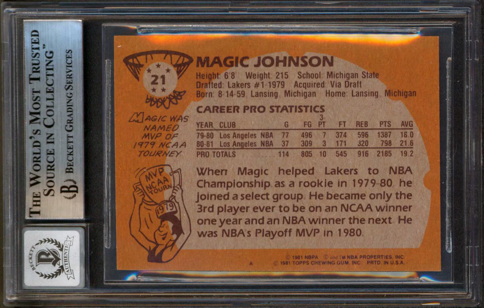 Lakers Magic Johnson "HOF 02" Signed 1981 Topps #21 Card Auto 10! BAS Slabbed 5 - Image 3