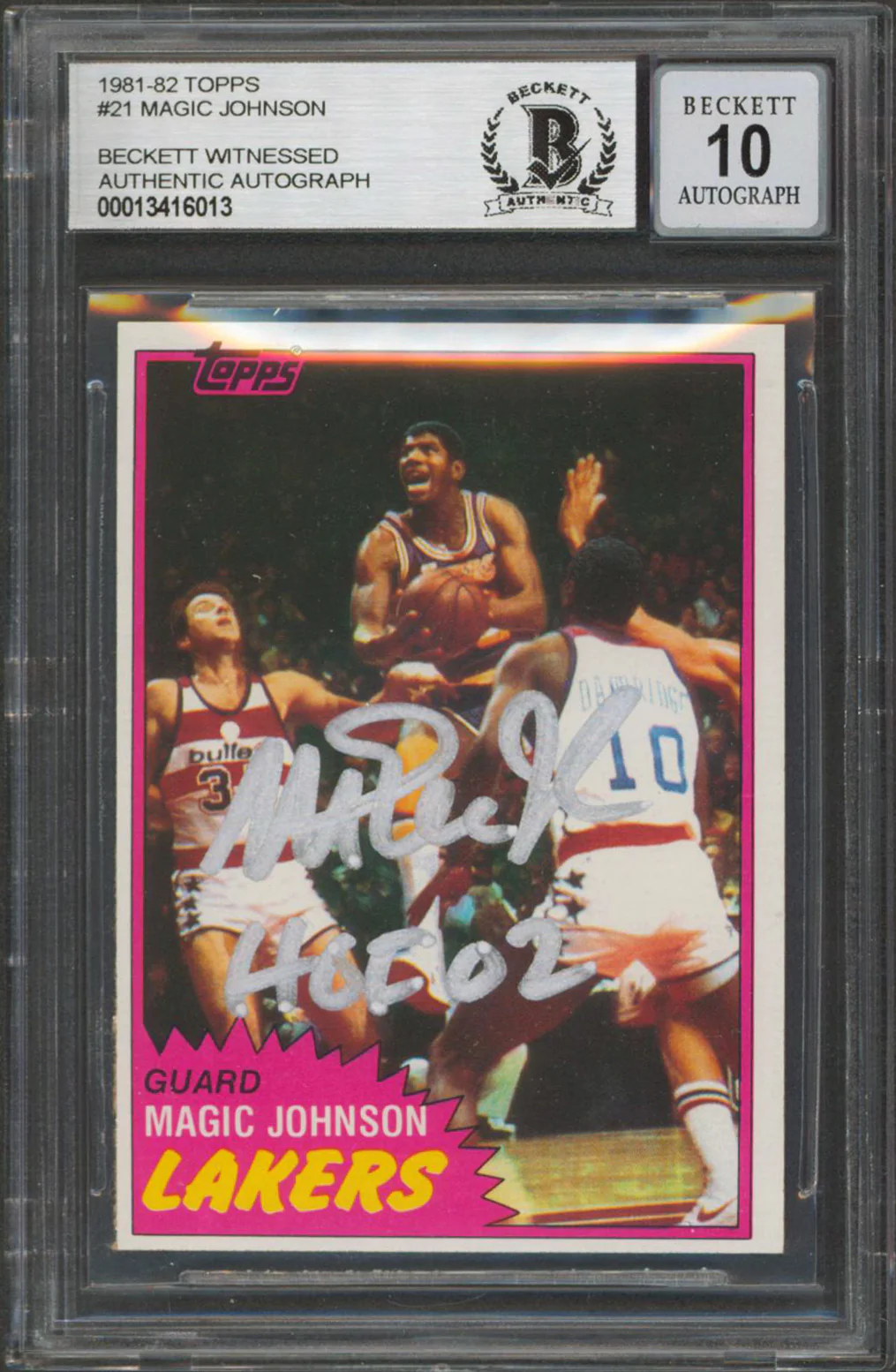 Lakers Magic Johnson "HOF 02" Signed 1981 Topps #21 Card Auto 10! BAS Slabbed 6 - Image 2