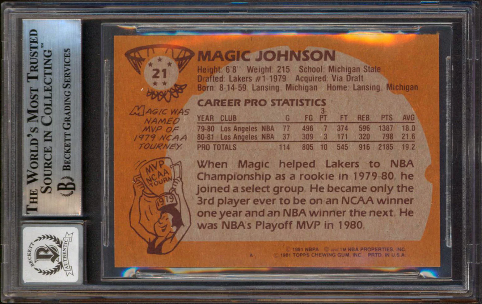 Lakers Magic Johnson "HOF 02" Signed 1981 Topps #21 Card Auto 10! BAS Slabbed 6 - Image 3