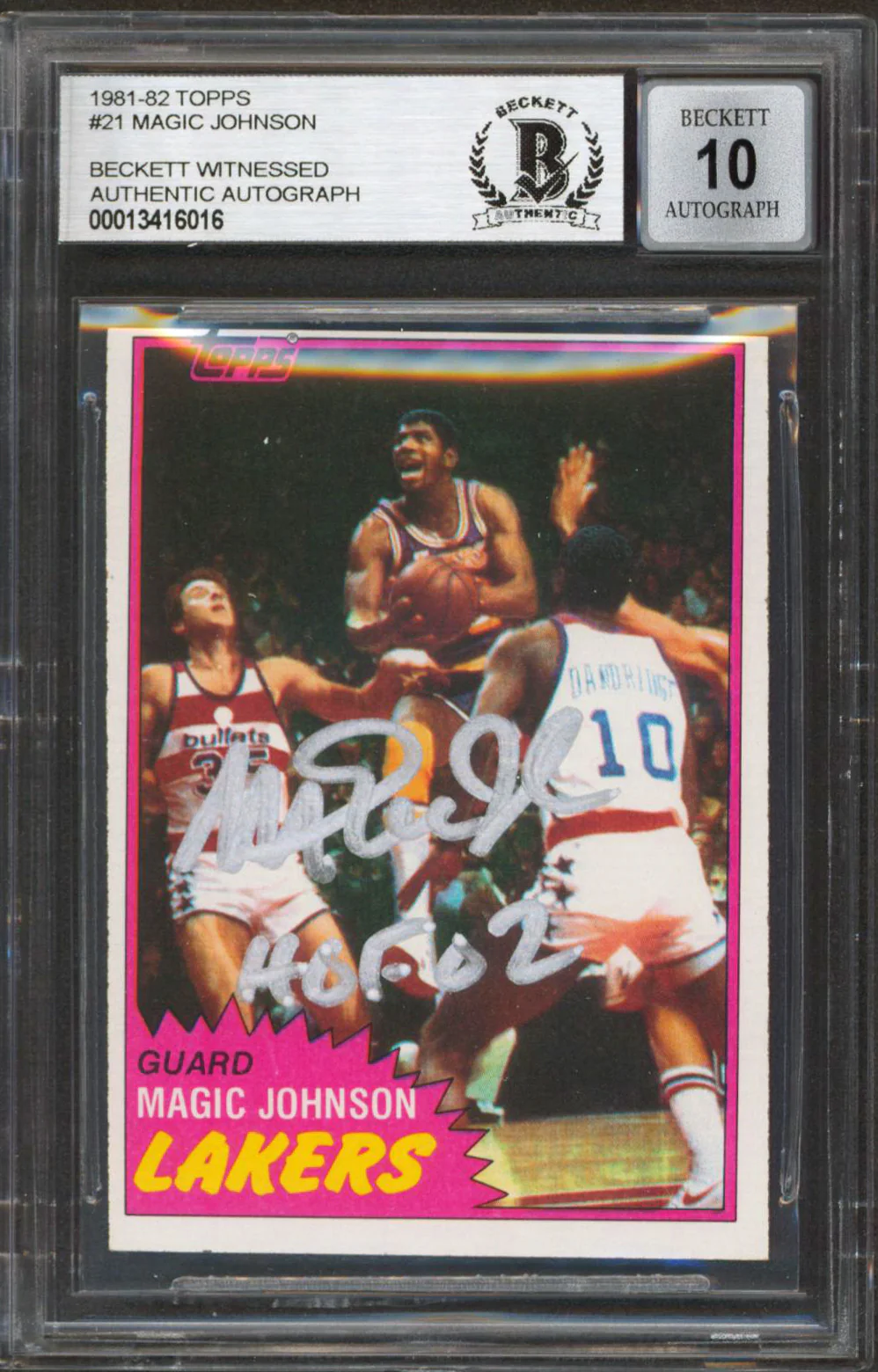 Lakers Magic Johnson "HOF 02" Signed 1981 Topps #21 Card Auto 10! BAS Slabbed 7 - Image 2