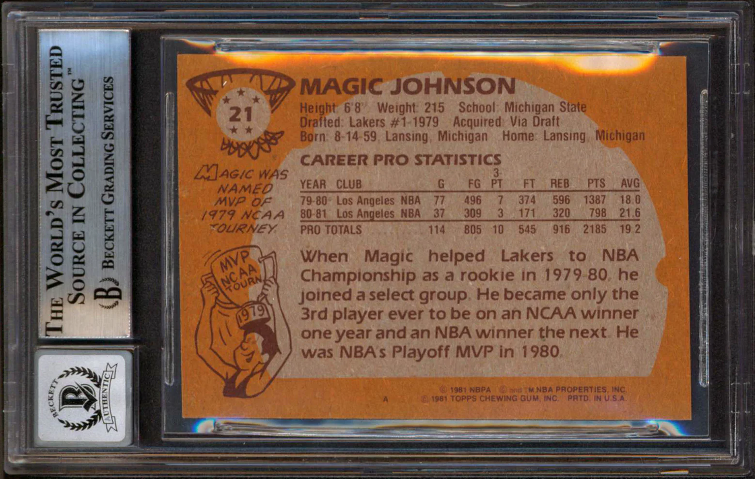 Lakers Magic Johnson "HOF 02" Signed 1981 Topps #21 Card Auto 10! BAS Slabbed 7 - Image 3