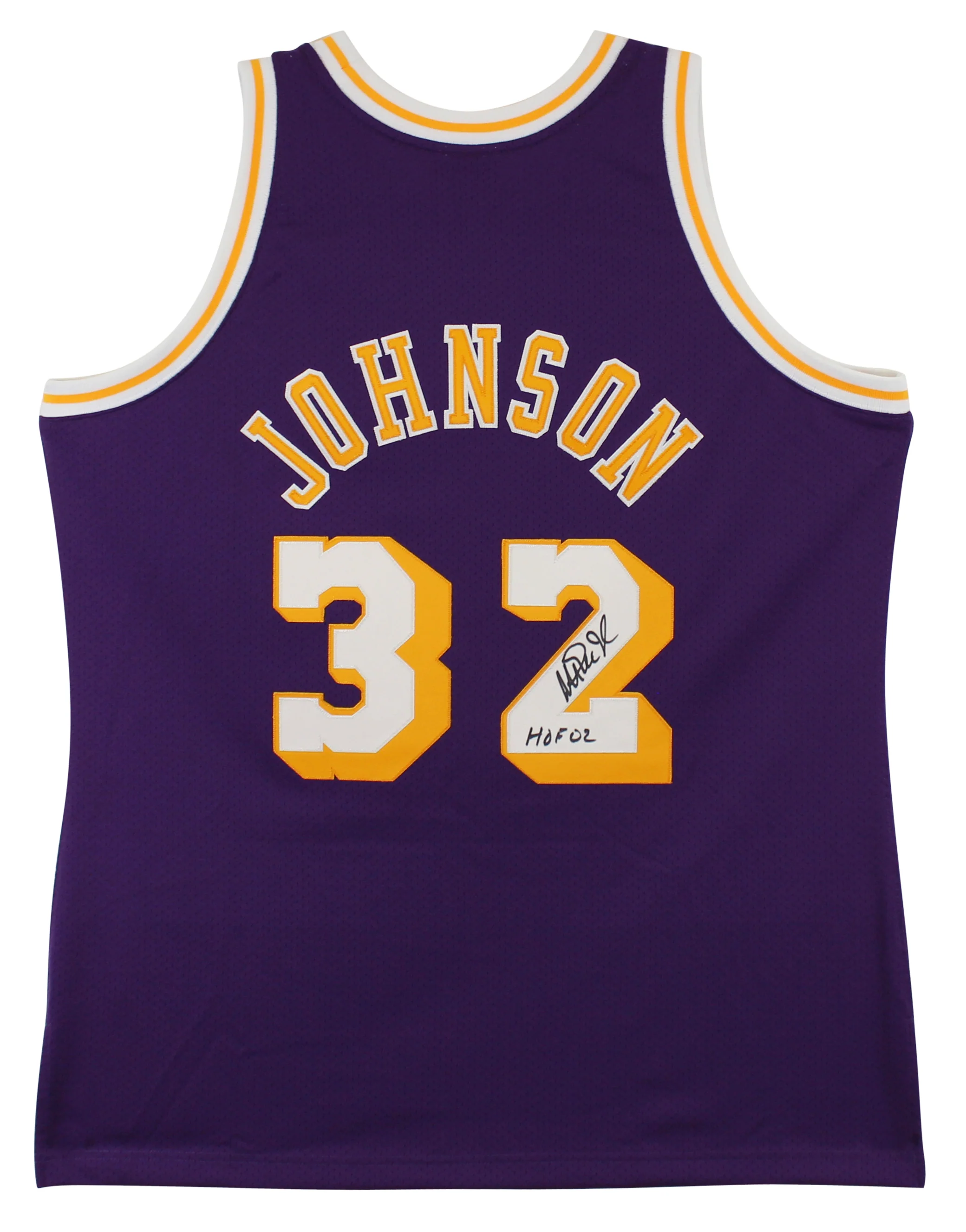 Lakers Magic Johnson "HOF 02" Signed 1984-85 M&N HWC Authentic Purple Jersey BAS - Image 2