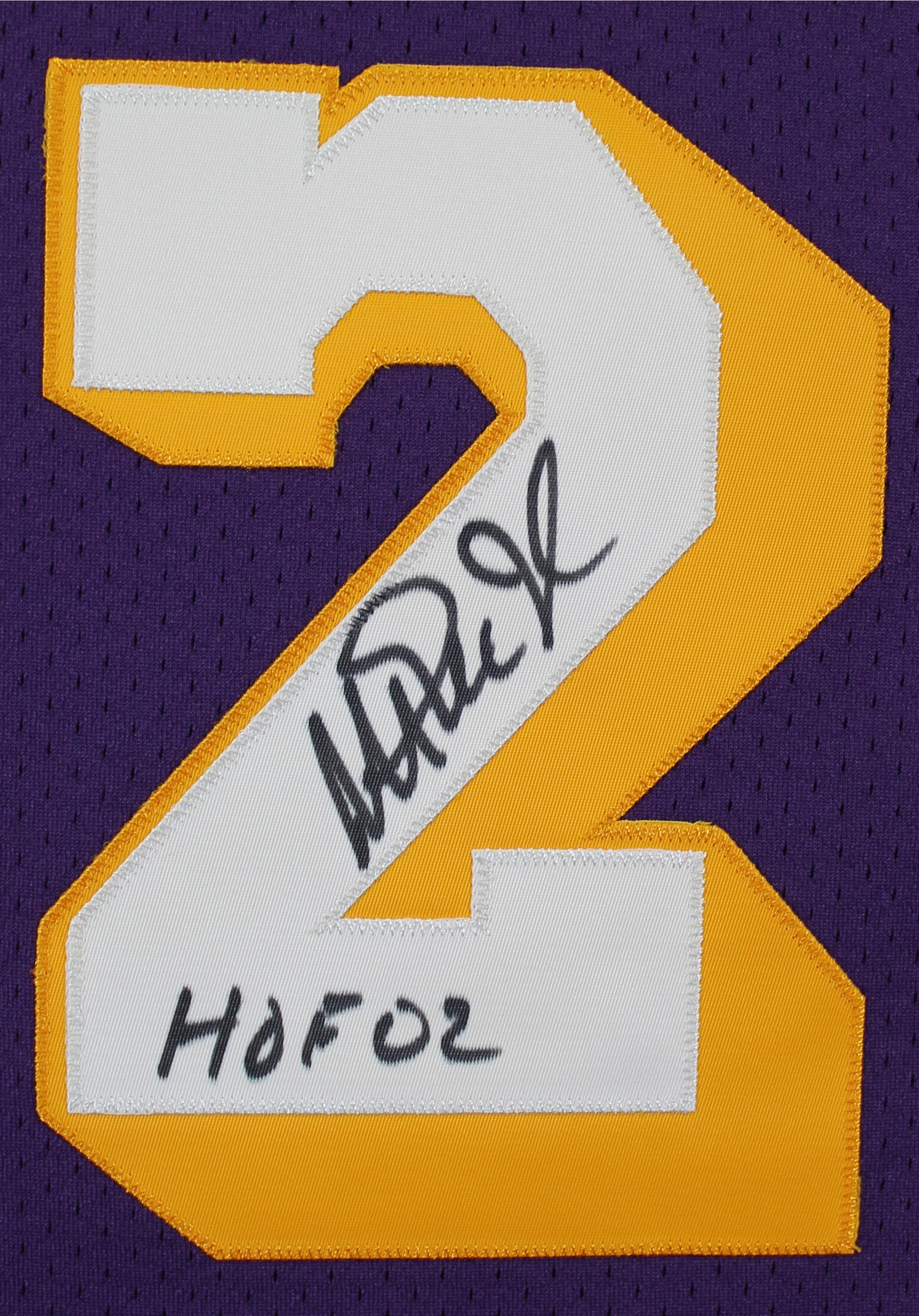 Lakers Magic Johnson "HOF 02" Signed 1984-85 M&N HWC Authentic Purple Jersey BAS - Image 3