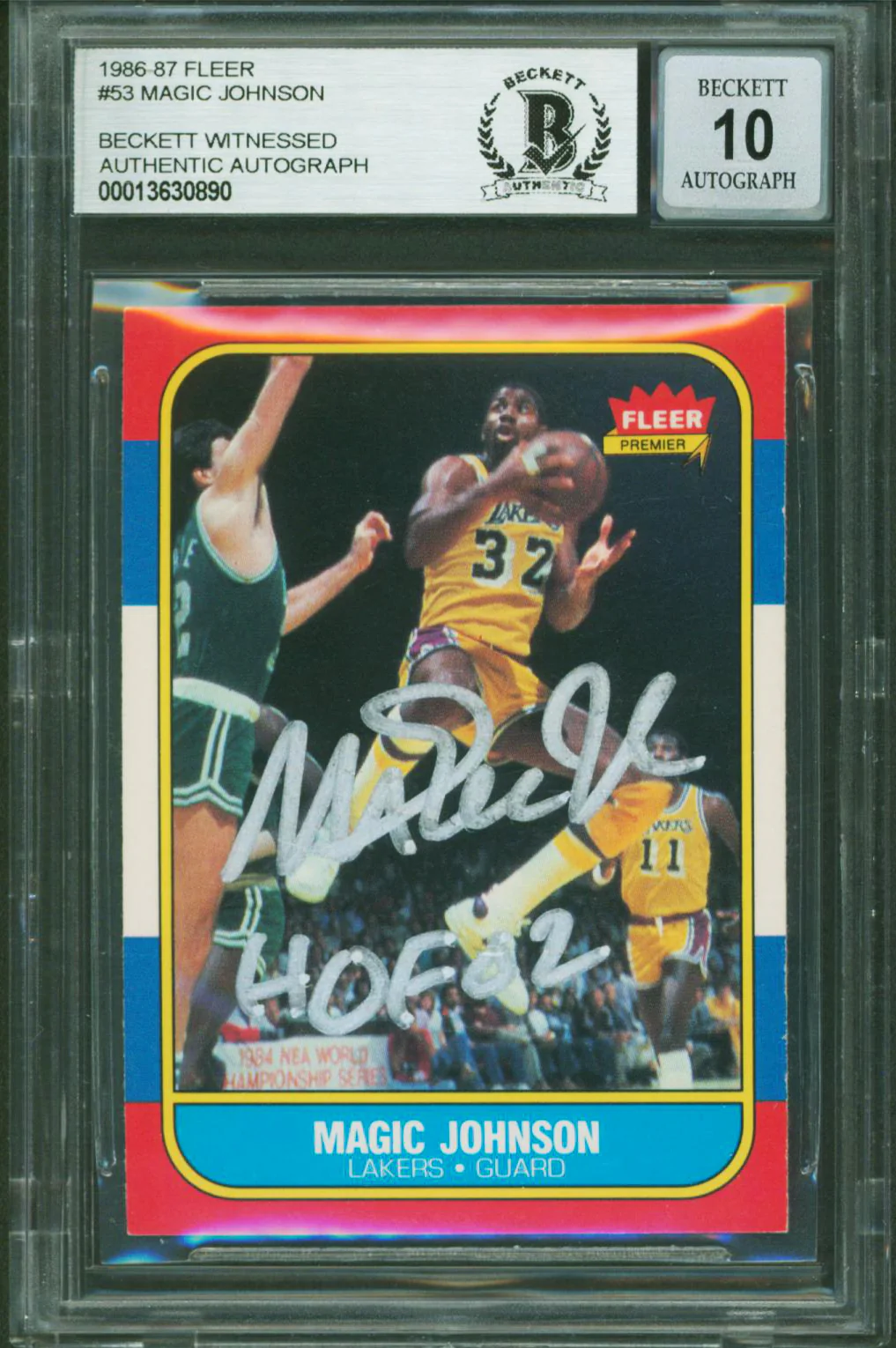 Lakers Magic Johnson "HOF 02" Signed 1986 Fleer #53 Card Auto 10! BAS Slabbed - Image 2